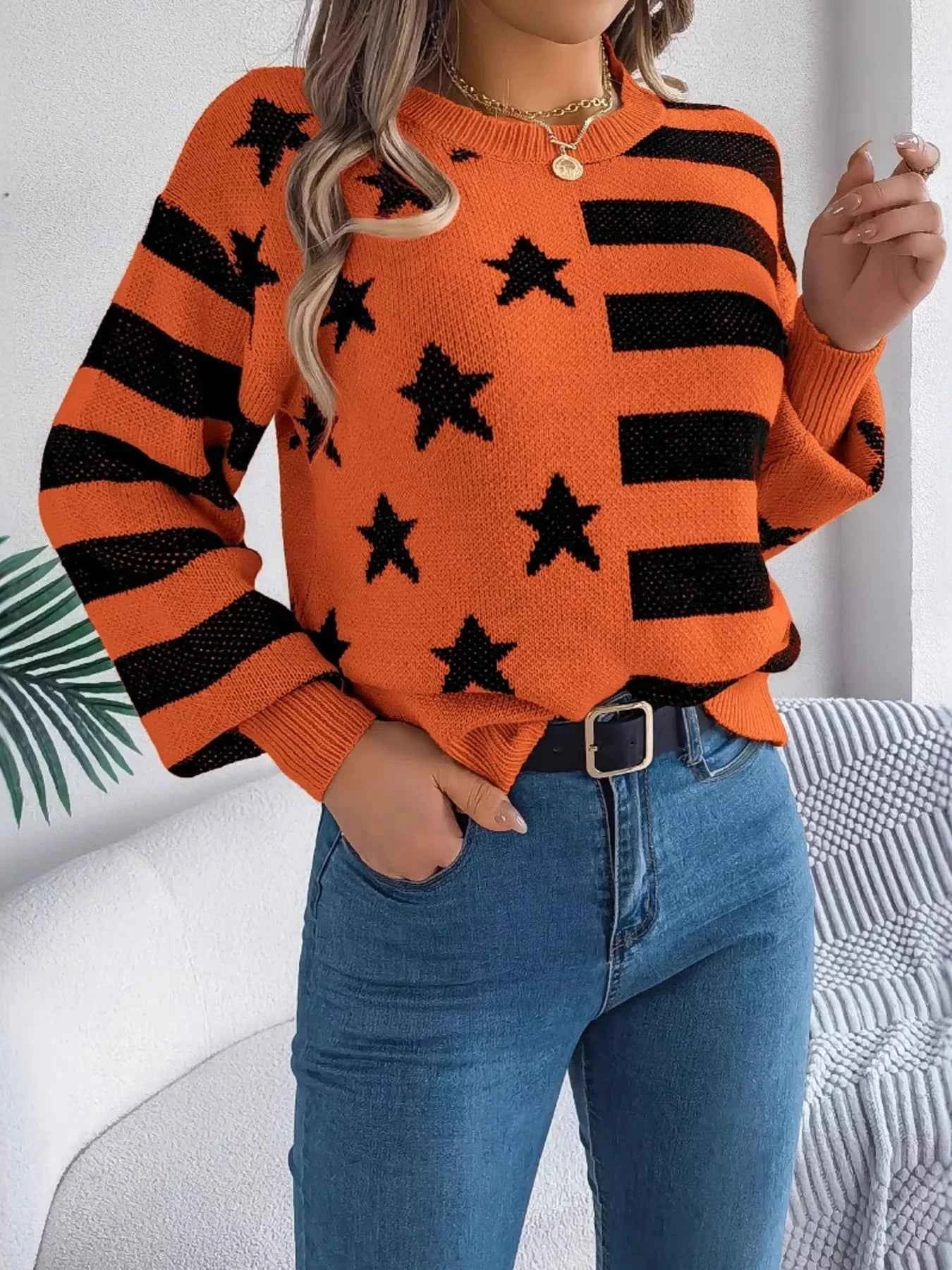 Stars and Stripes Pattern Casual Round Neck Sweater Orange 09fb0eeac70a447ca8cbf9d5dcf39a82-Max-Origin