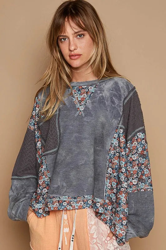 POL Floral Patchwork Round Neck Knit Top Gray 0a036e47-aed8-4aea-9683-0ecf8de45df8-Max