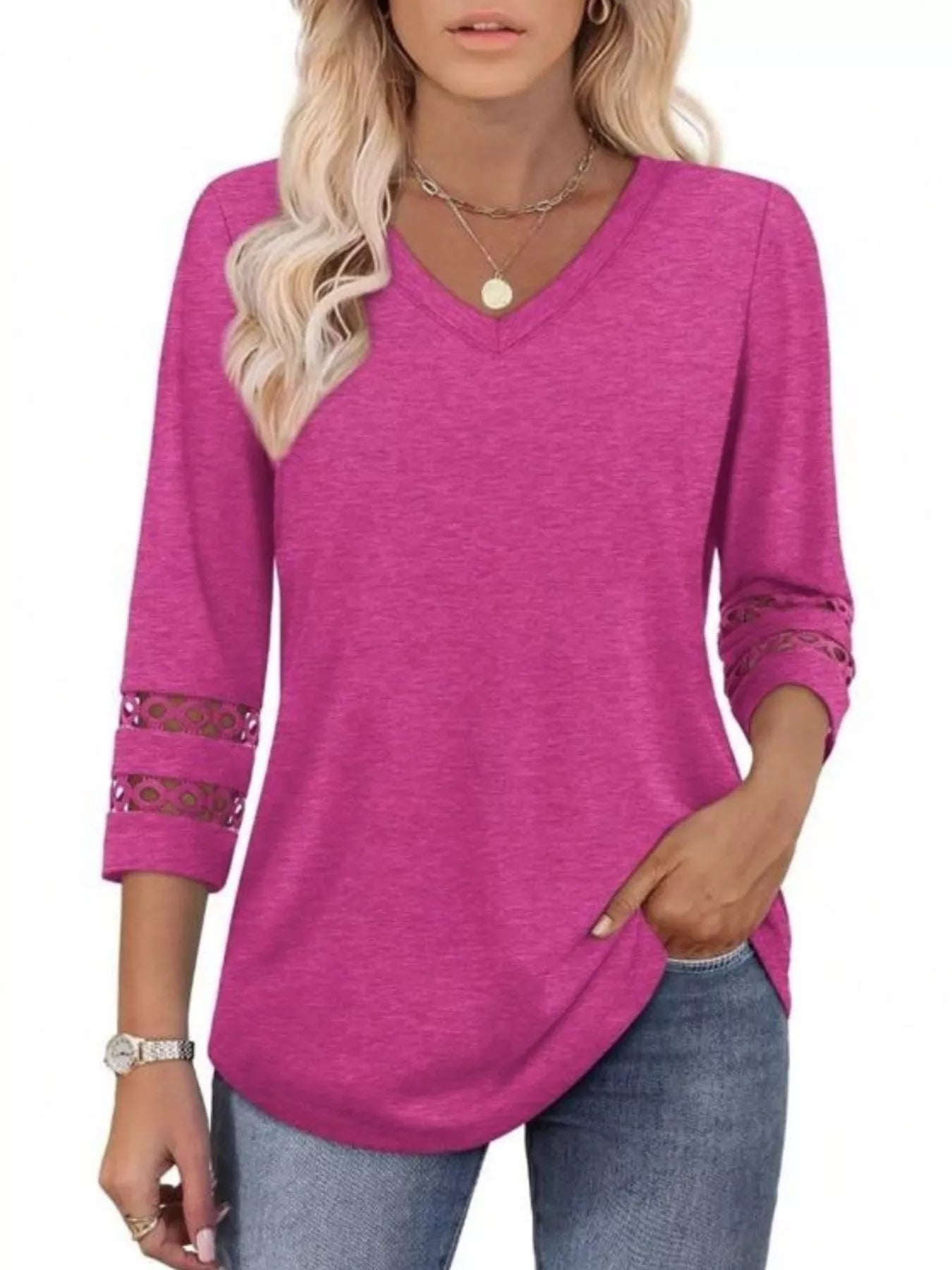 Full Size V-Neck 3/4 Sleeve T-Shirt Plus Size Deep Rose 0a1634556eab451e877afed8a7576b64-Max-Origin