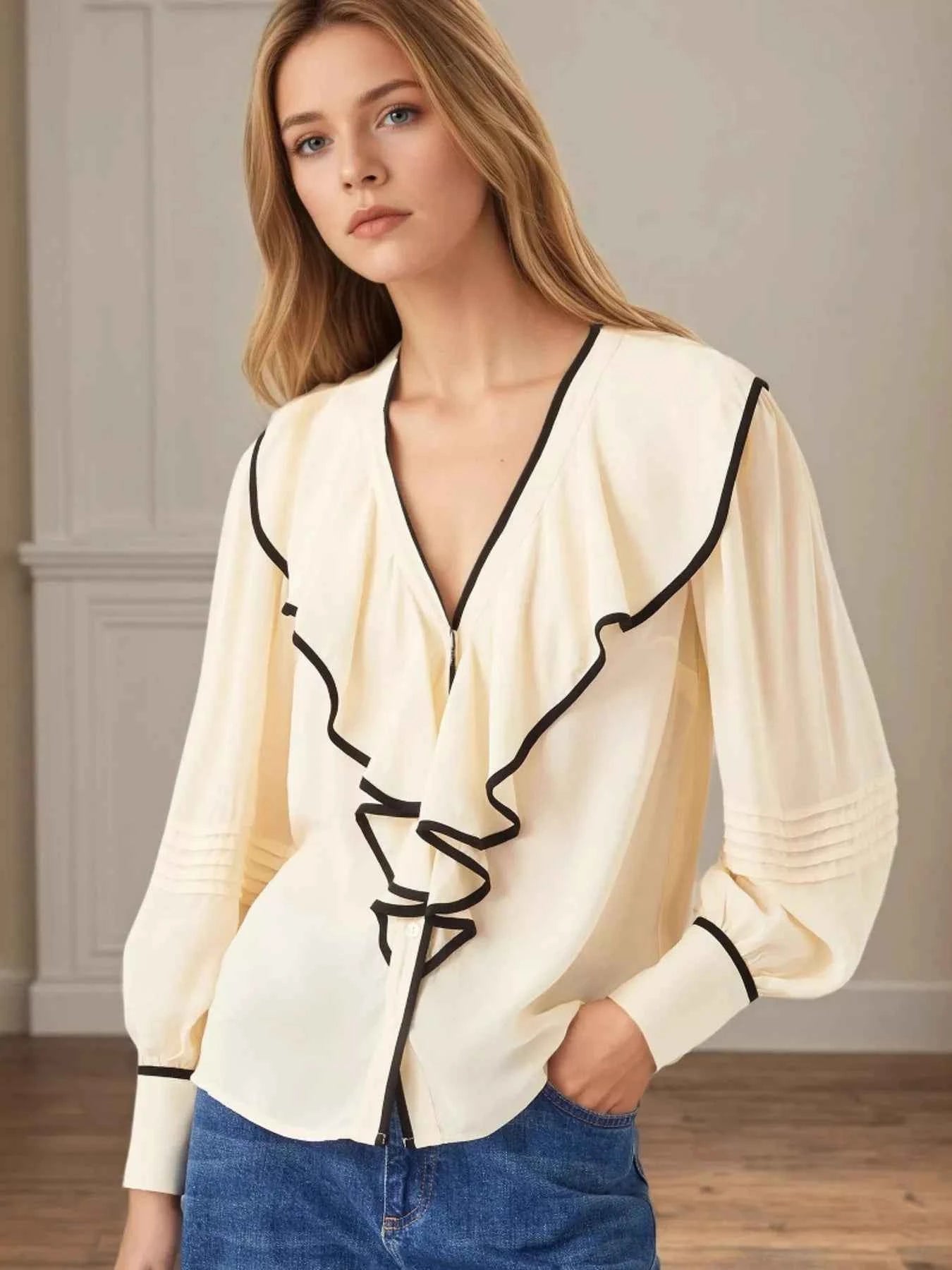 Ruffled Long Sleeve Blouse Cream 0a2809ed84e34a7ea99cf26c396bdf78-Max-Origin