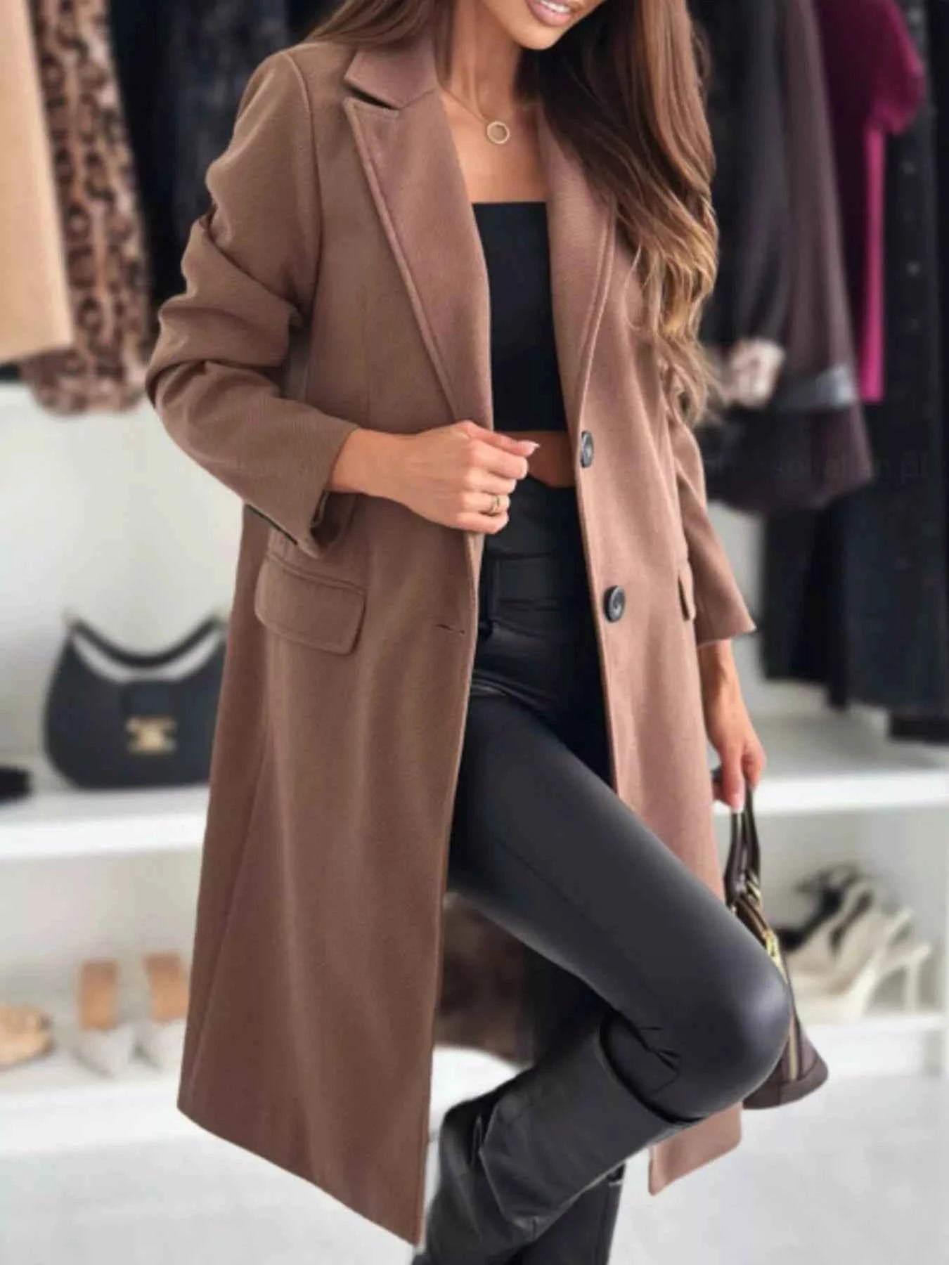 Lapel Collar Long Sleeve Coat Brown 0a807bda-7813-43a7-bf51-c2b36aefea0b-Max-Origin
