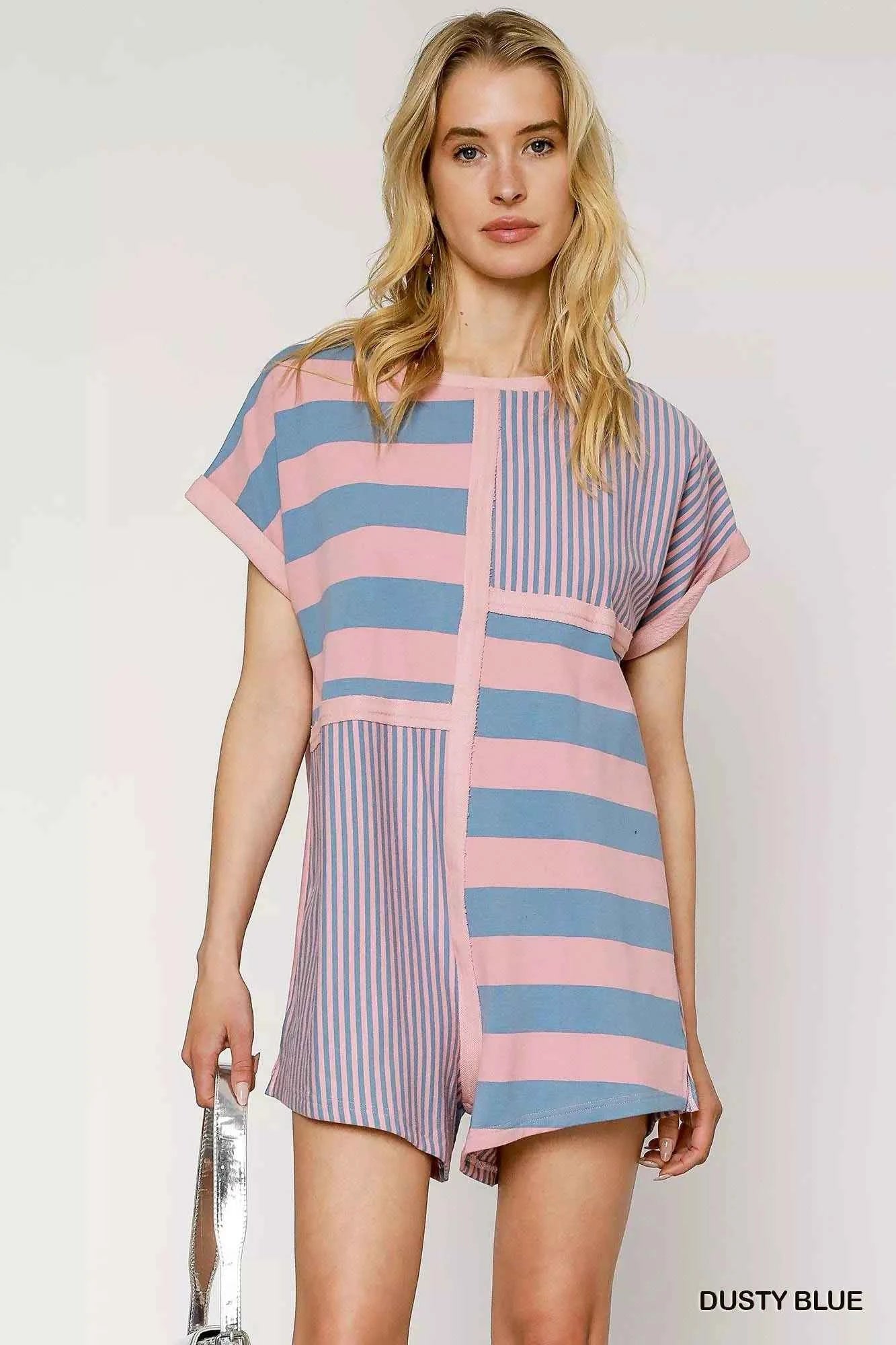 Umgee Mixed Striped Short Sleeve Romper DUSTY BLUE 0ac60c5c-3248-422e-b12c-7c7159be7a06-Max-Origin