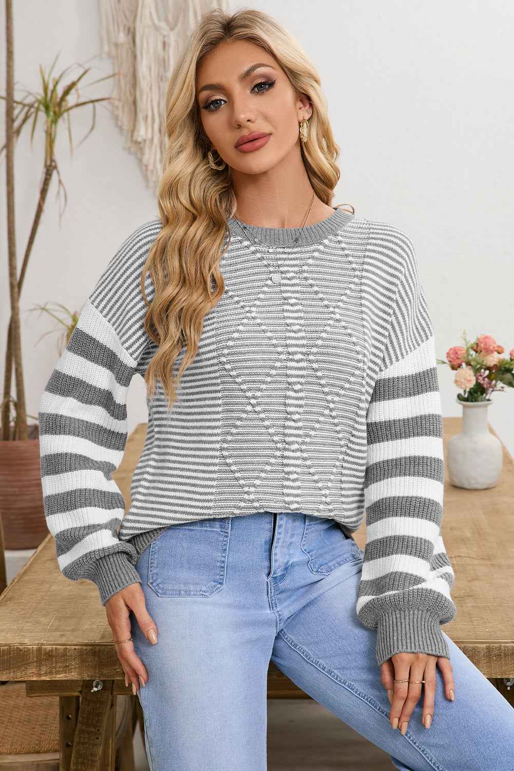 Gray Stripe Twisted Knitted Drop Shoulder Sweater 0add874dccfb5d6e