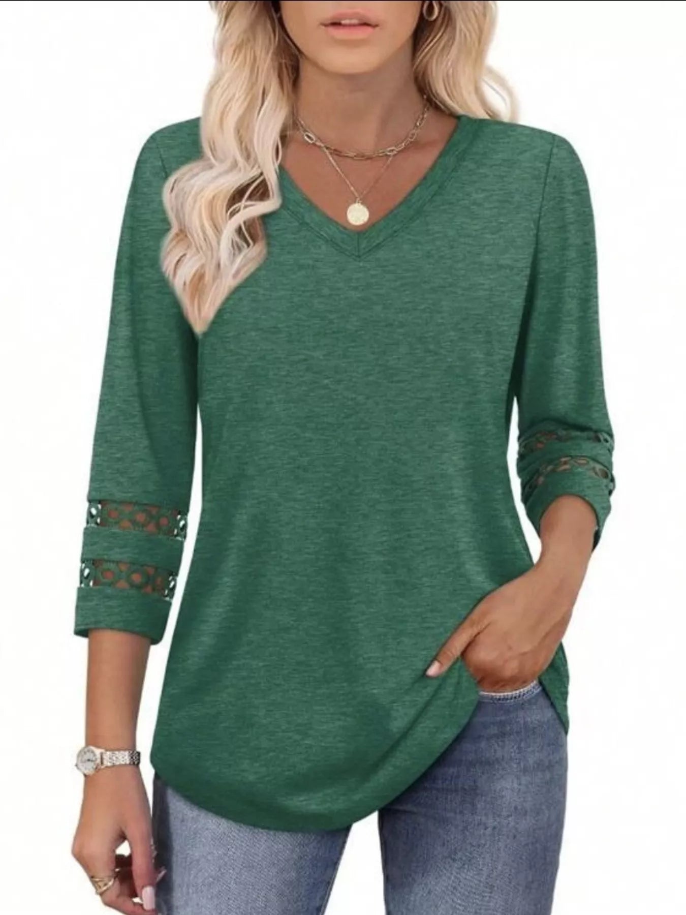 Full Size V-Neck 3/4 Sleeve T-Shirt Plus Size Dark Green 0b1d996cfbf645e29d8999427bd08e4d-Max-Origin