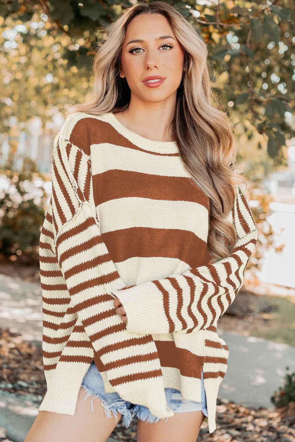 Brown Stripe Drop Shoulder Sleeve Patchwork Baggy Sweater 0b244d46e12445f8