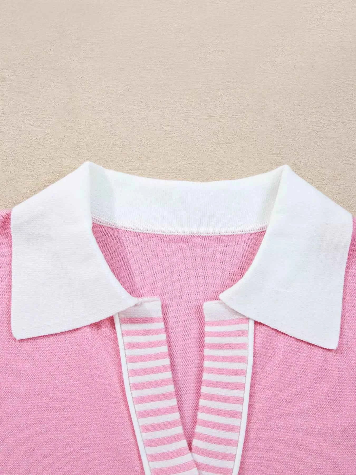 Contrasting Polo Collar Color Block Knit Drop Shoulder Sweater 0b3491a59a464a91989e339f0c595e15-Max-Origin