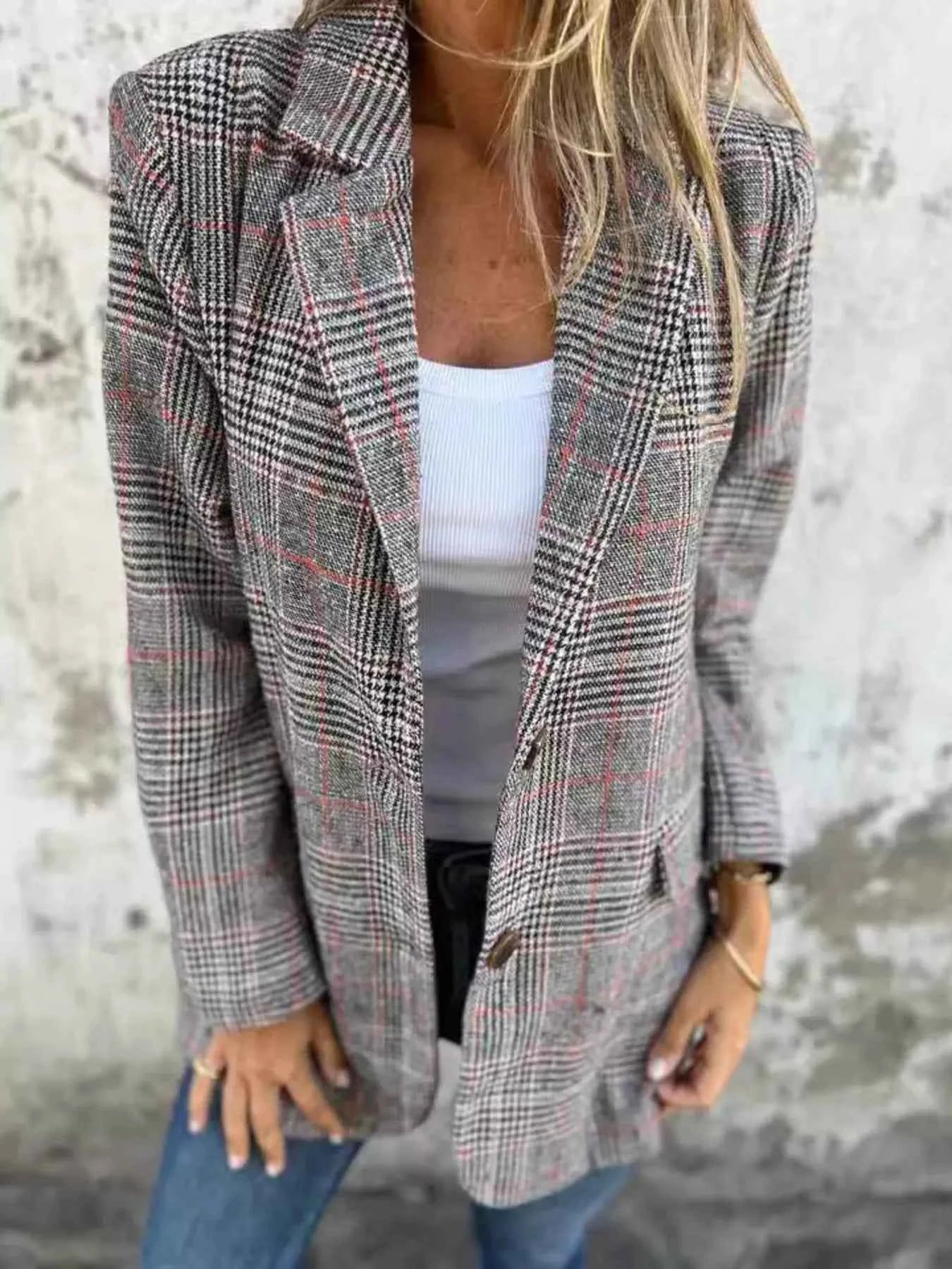 Full Size Plaid Single-Breasted Long Sleeve Blazer Plus Size Dark Brown 0bed037a9cbb4504a80bfc35d4d4e1af-Max-Origin