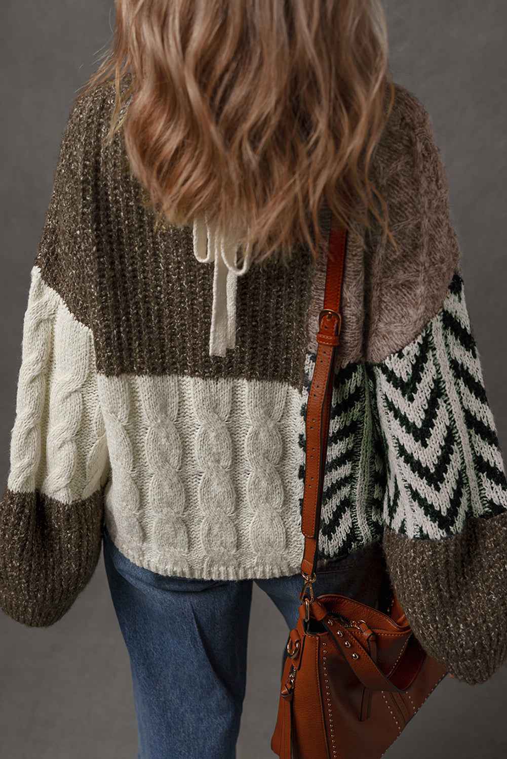Brown Plus Size Color Block Patchwork Knotted Back Loose Fit Sweater 0c32fba931791533