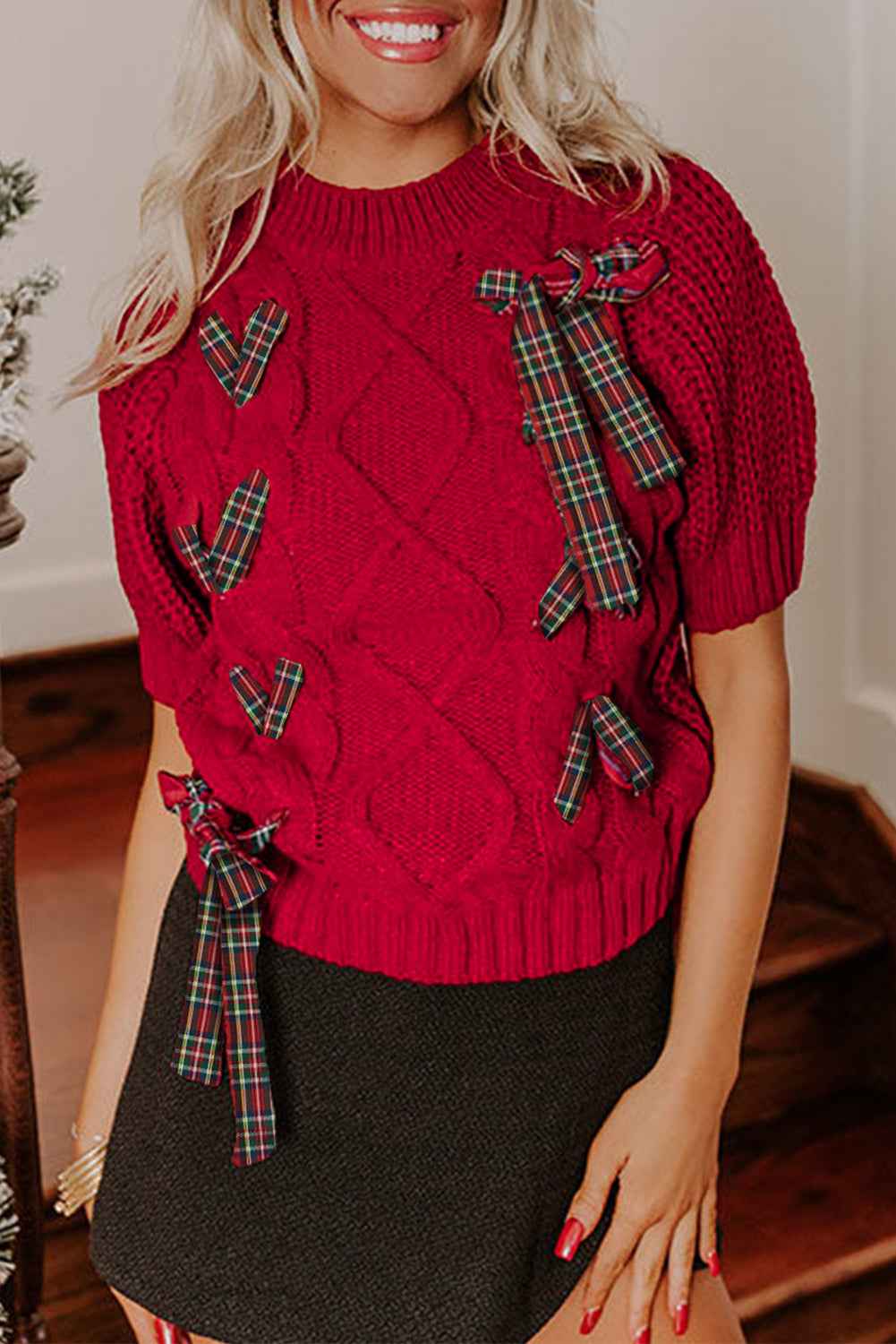 Fiery Red Plaid Lace-up Detail Christmas Holiday Puff Short Sleeve Sweater Fiery Red 60%Cotton+40%Acrylic 0c340bd03b9aff7b