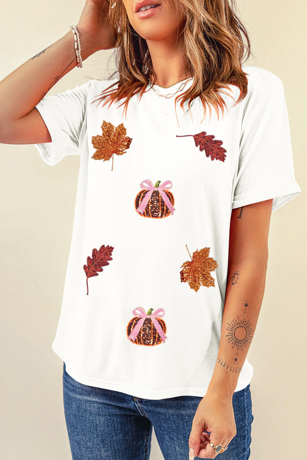 White Pumpkin Leaves Sequins Patch Fall Vibe Graphic T Shirt 0c7e6674f4f5af26