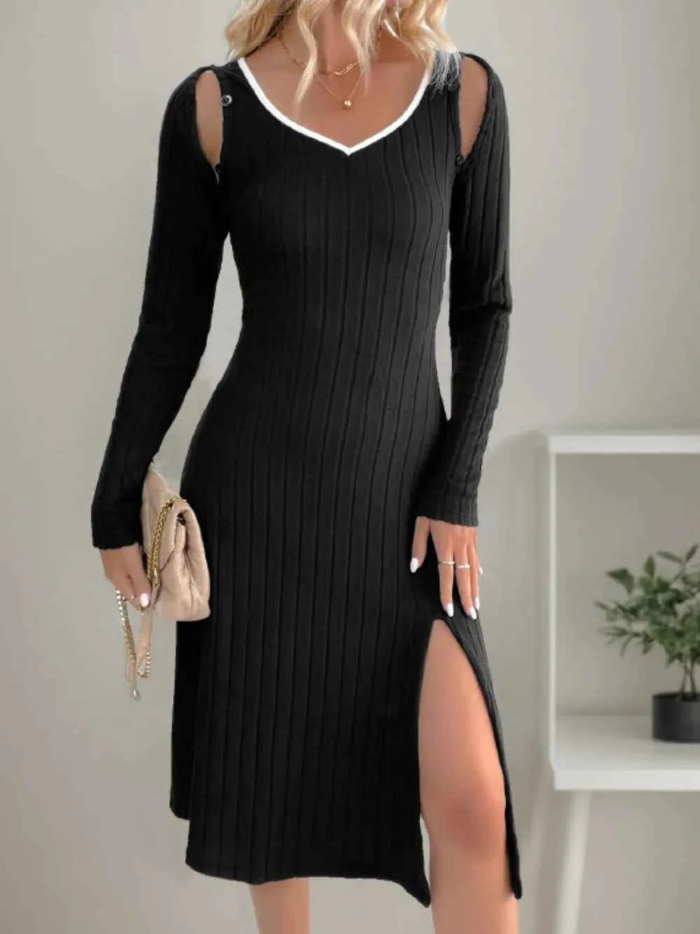 Perfee Slit Wide Strap Dress and Detachable Long Sleeves Set Black 0c9837f6-1093-411f-9d97-9617c0f6a922-Max
