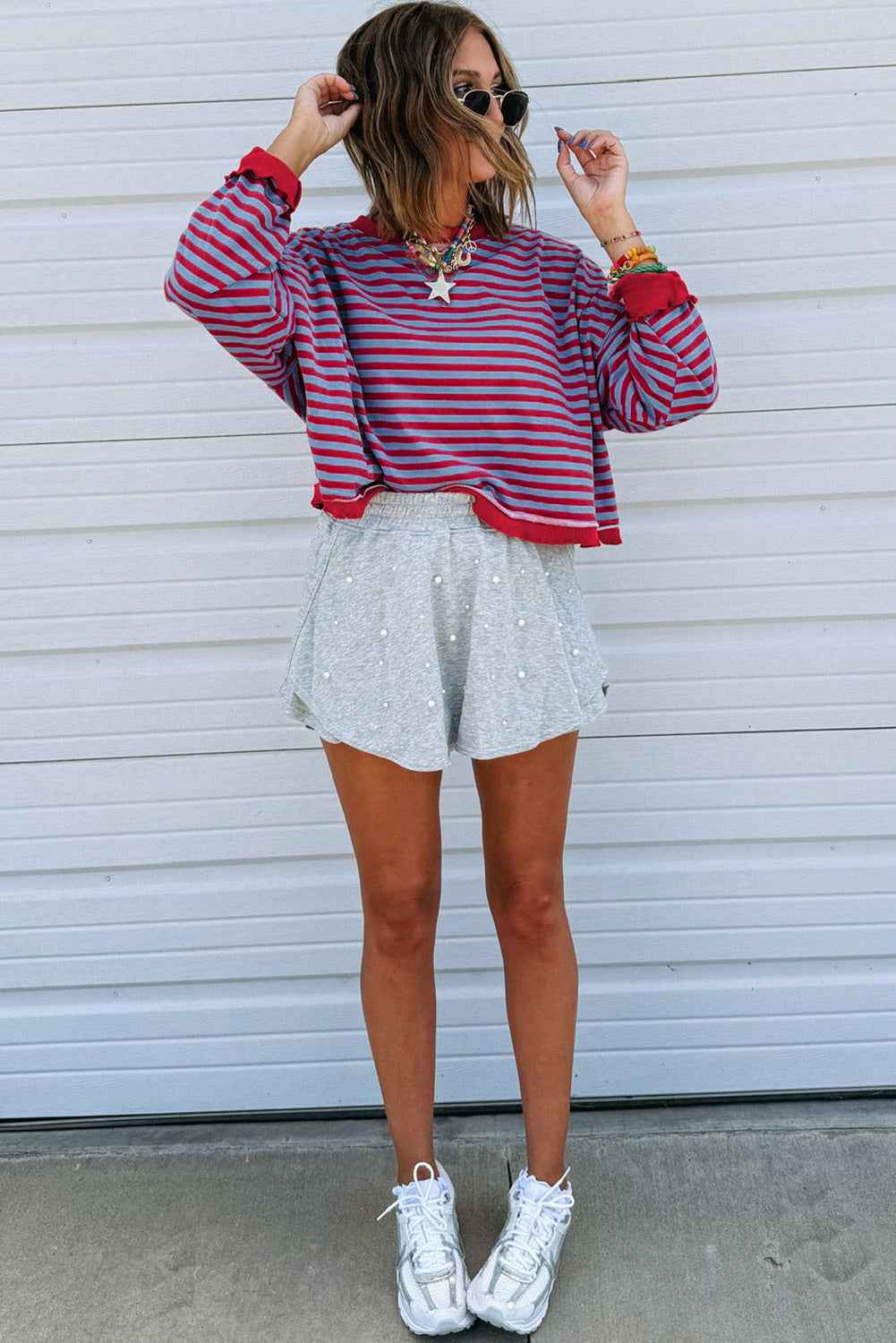 Red Stripe Exposed Seam Contrast Ribbed Trim Oversize Sweatshirt