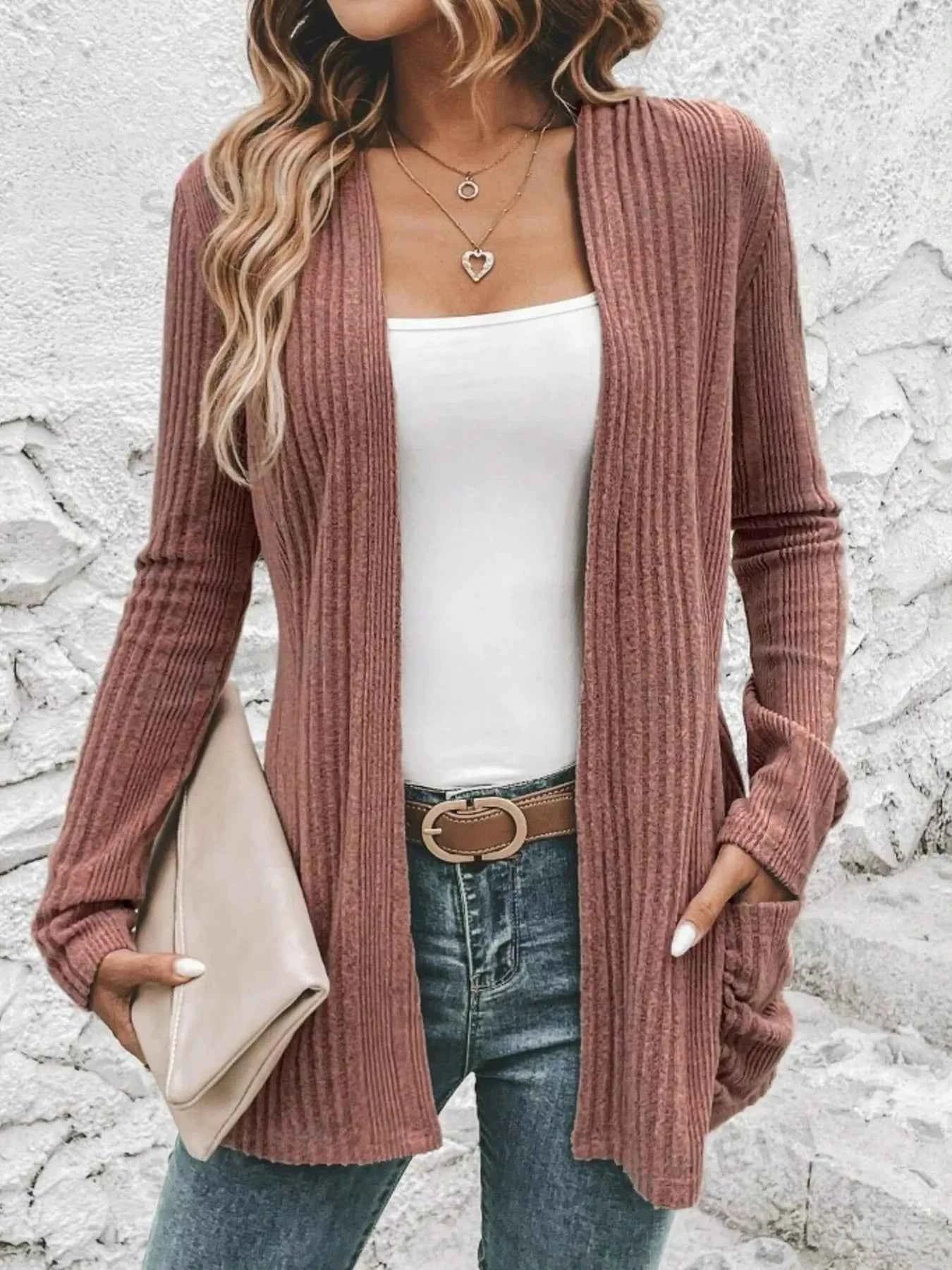 Ribbed Open Front Long Cardigan with Pockets Rust 0ced965bff444b70aaf893680964078c-Max-Origin