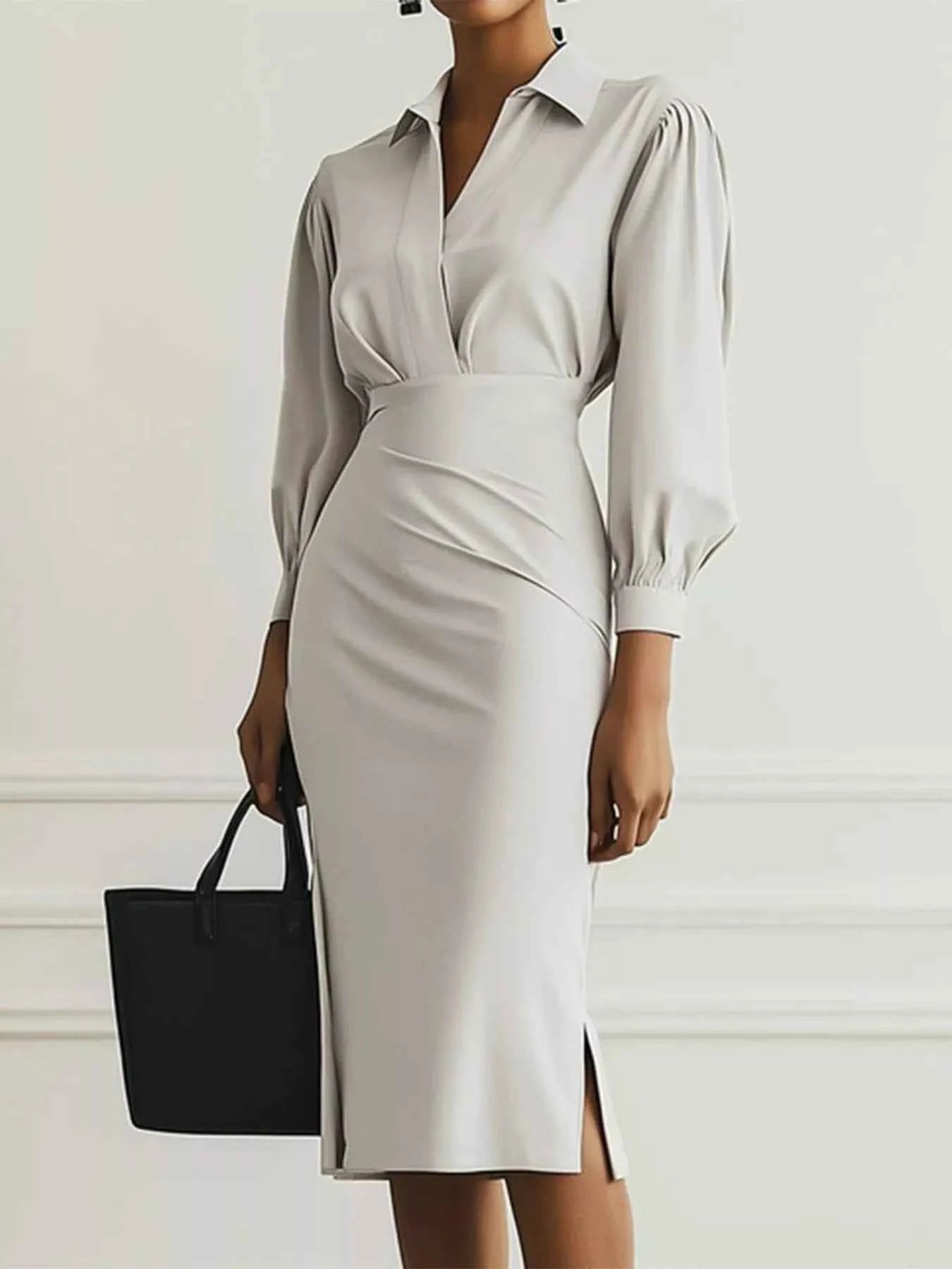 Ruched Midi Shirt Dress with Side Slit Light Gray 0d0027f3-d094-42f5-b32f-e54d4230b9ae-Max-Origin