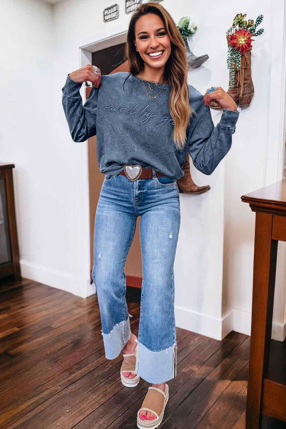 Real Teal saved by grace Letter Embroidery Mineral Wash Loose Sweatshirt 0d456b44488f3451