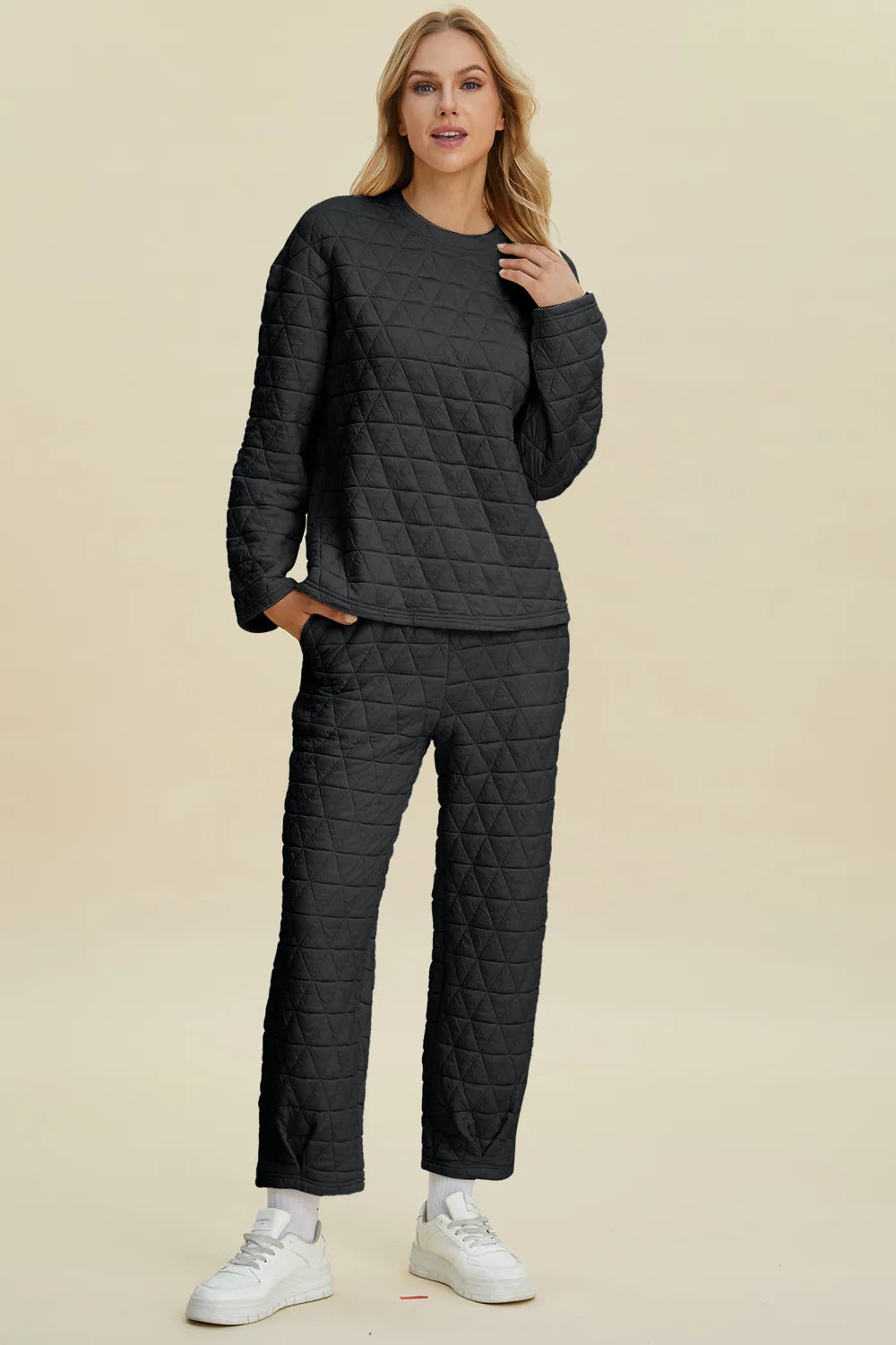 Double Take Full Size Texture Round Neck Long Sleeve Top and Pants Set 0d702f21-96a7-4918-911a-5f5c9107b6f6-Max