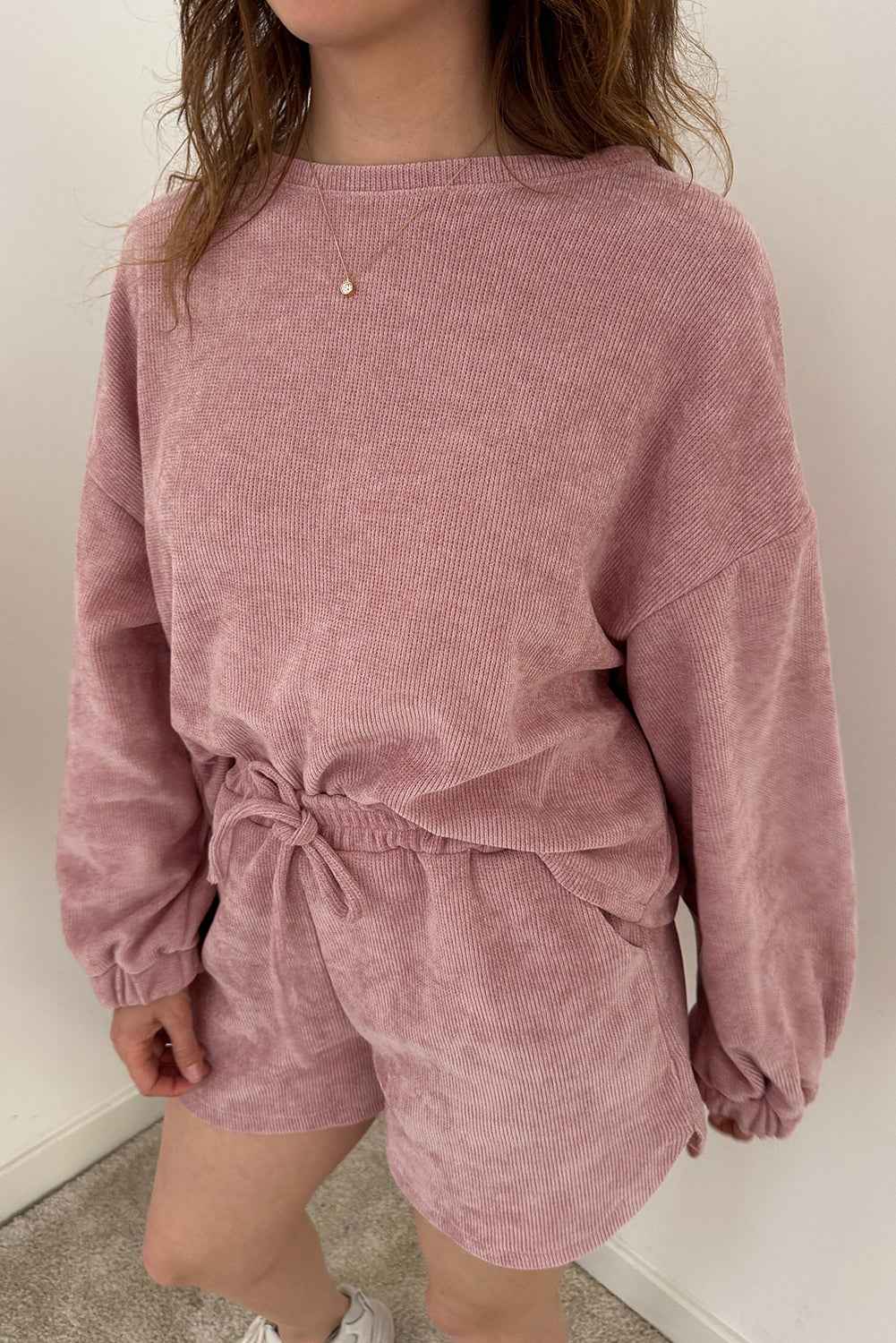 Fushia Textured Knit Drop Shoulder Pullover Drawstring Shorts Set 0e3ad37bed5c131a
