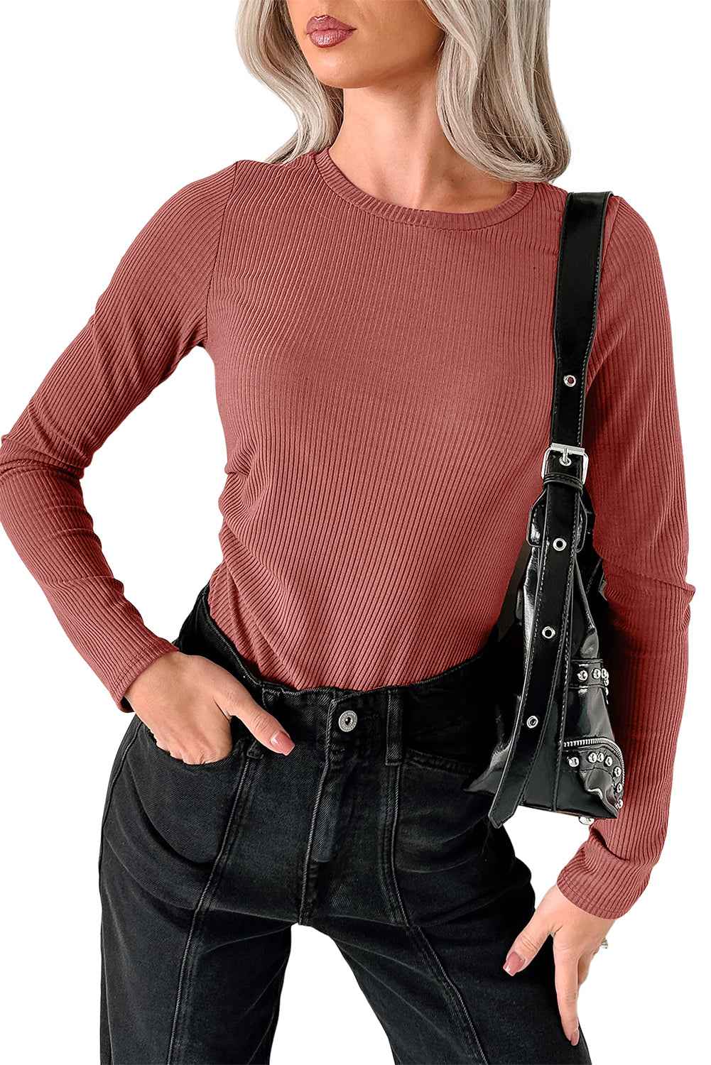 Mineral Red Ribbed Long Sleeve Crew Neck Solid Color Bodysuit