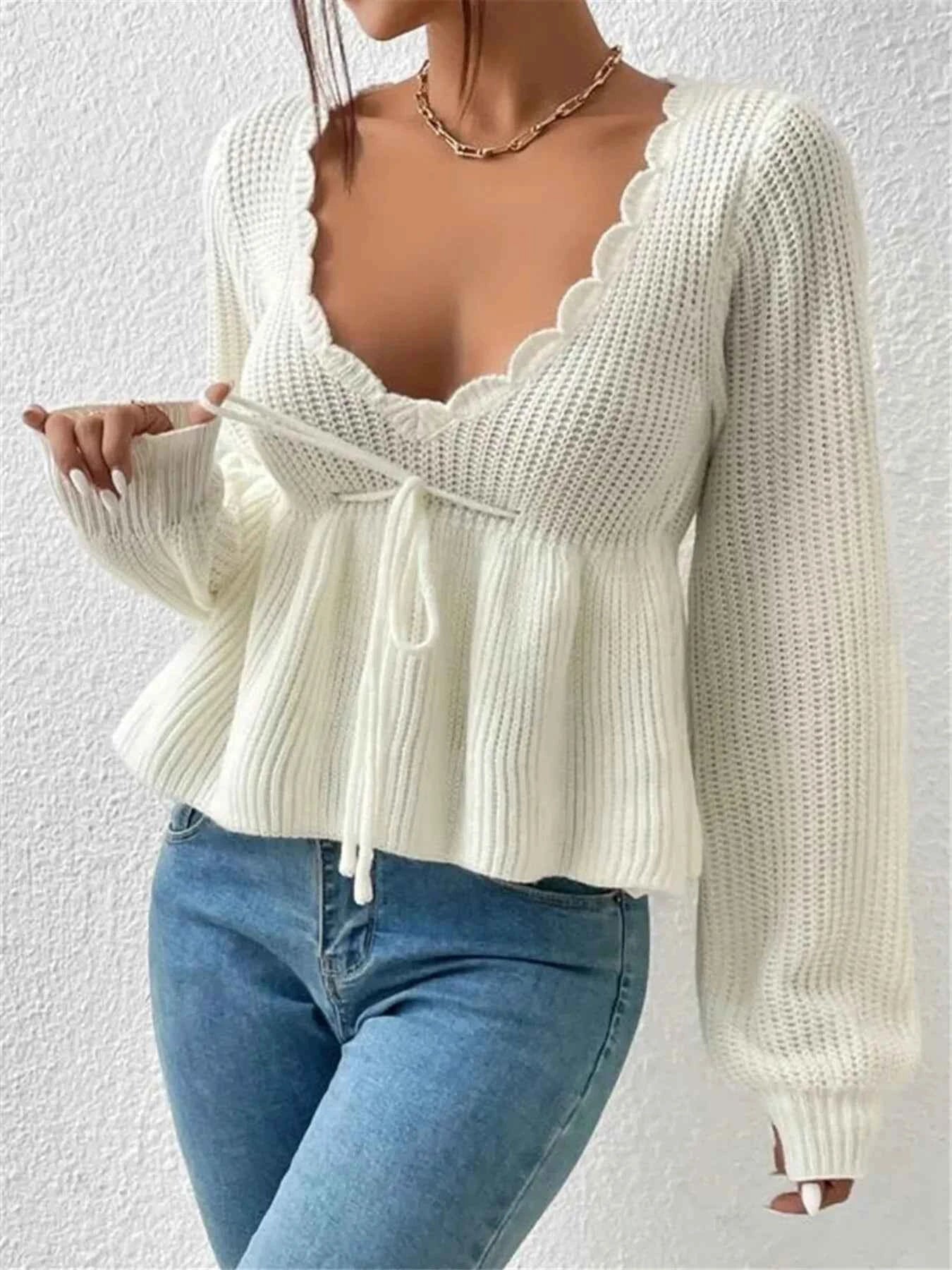 Scalloped V-Neck Drawstring Knit Top 0ea76b416365401b92cb1b7b92cd6675-Max-Origin