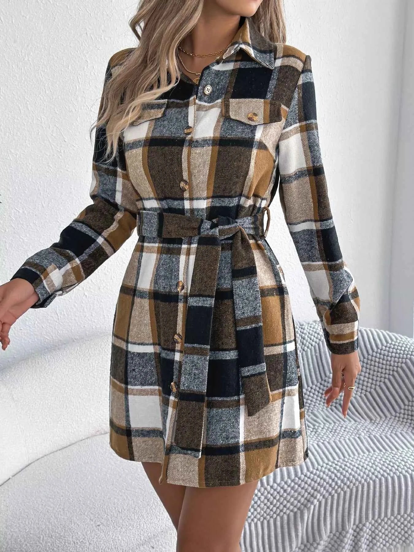 Plaid Button Front Tie Waist Shirt Dress Khaki 0f1b83db88b34044b7cb6b3eded1e116-Max-Origin