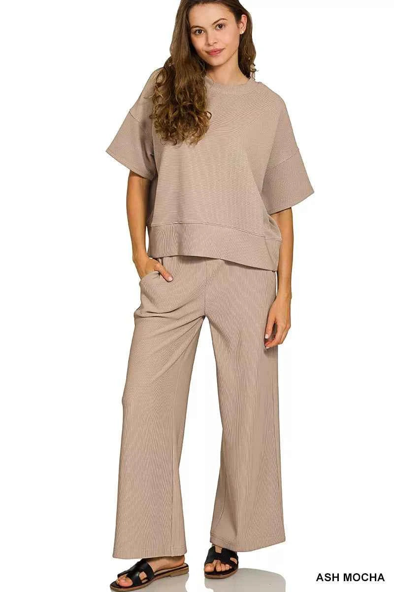 Zenana Ribbed Round Neck Tee & Pants Set ASH MOCHA 0f40d260c0db43368ccf8887fc52a09d-Max-Origin