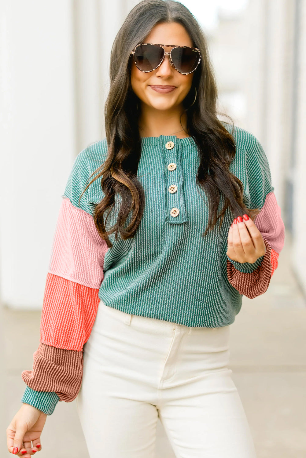 Multicolour Twisted Ribbed Colorblock Patchwork Henley Top 0f44dadb607a5baf