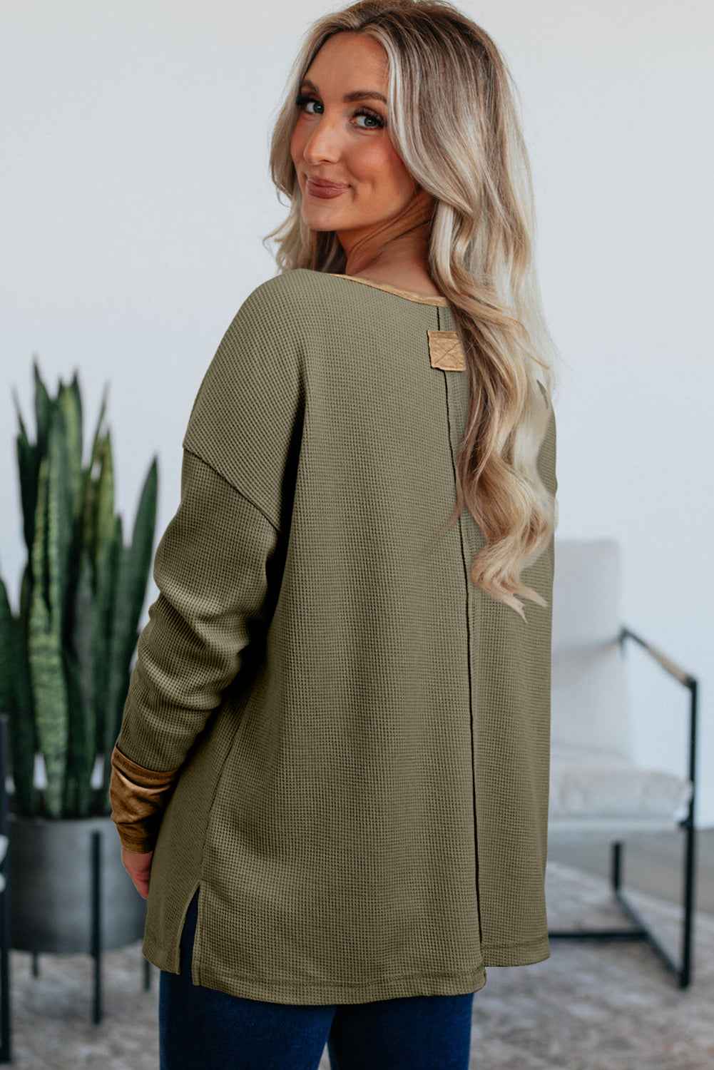 Vineyard Green Waffle Textured Patchwork Tunic Henley Top