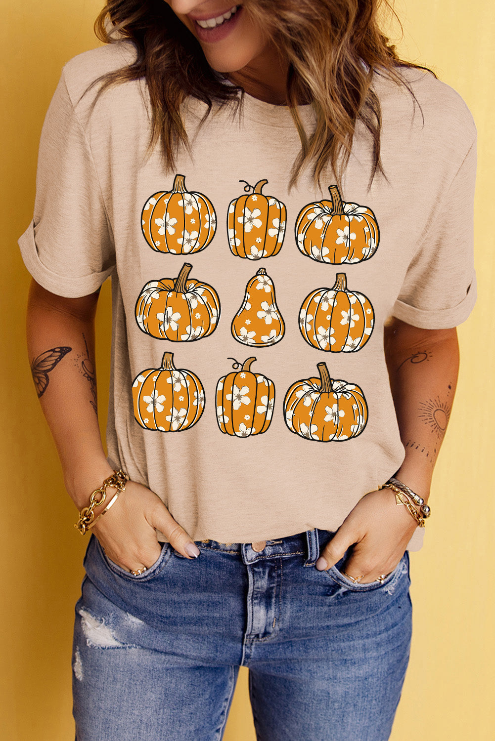 Khaki Fall Floral Pumpkin Heat Transfer Printing Casual Graphic T Shirt 1046389e7e80c563