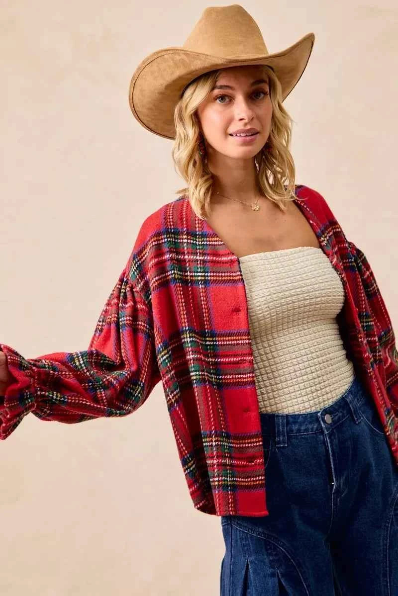 BiBi Christmas Plaid V-Neck Flounce Sleeve Jacket 1055c3126a264c019cda79f7bba1e70e-Max-Origin