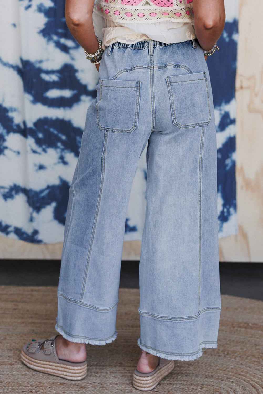 Beau Blue Drawstring Seam Detail Raw Hem Wide Leg Jeans 10d5083f9a87e4ff