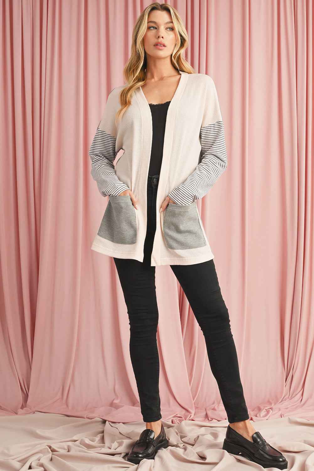 Black Striped Patchwork Pocket Open Front Cardigan 11de2bf5389b6a8b