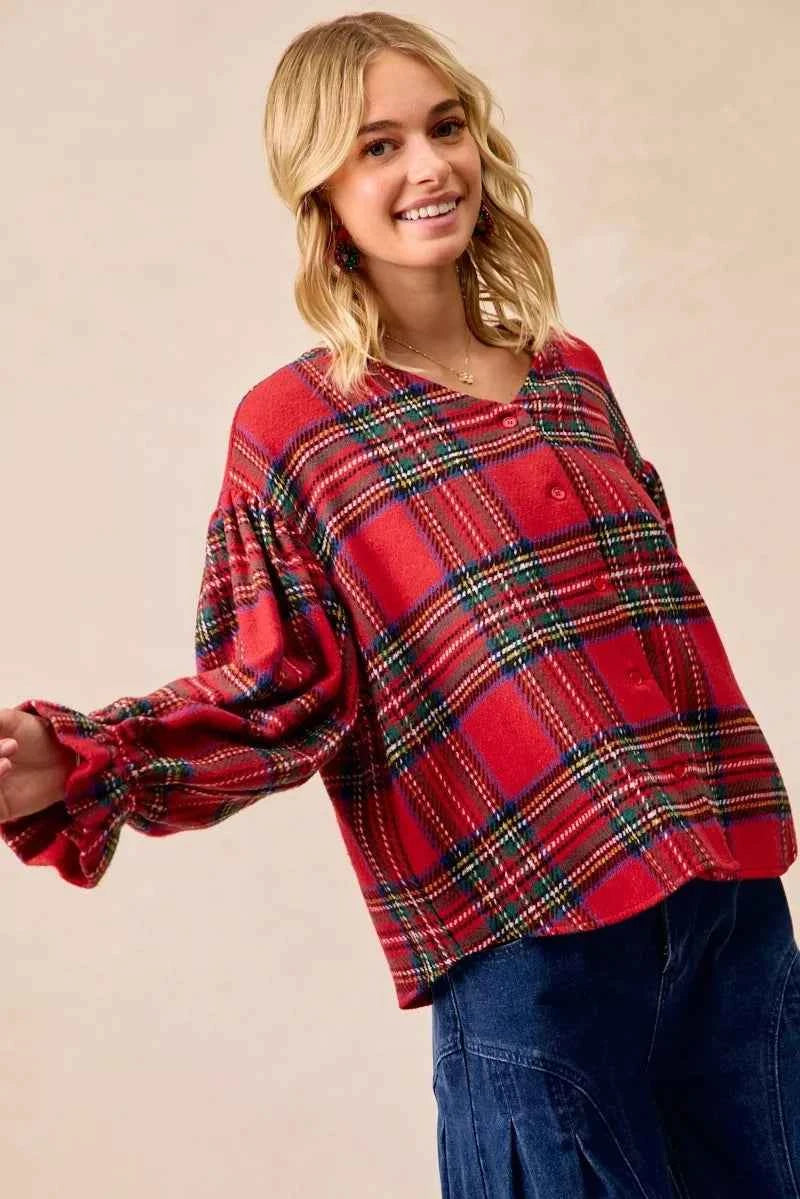 BiBi Christmas Plaid V-Neck Flounce Sleeve Jacket 120ecff739904992b6f9a458be376db6-Max-Origin