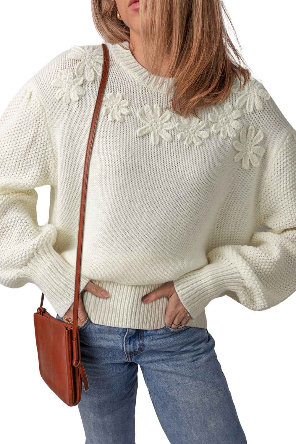 White Flower Detail Round Neck Contrast Textured Puff Sleeve Sweater 1237614604f78535
