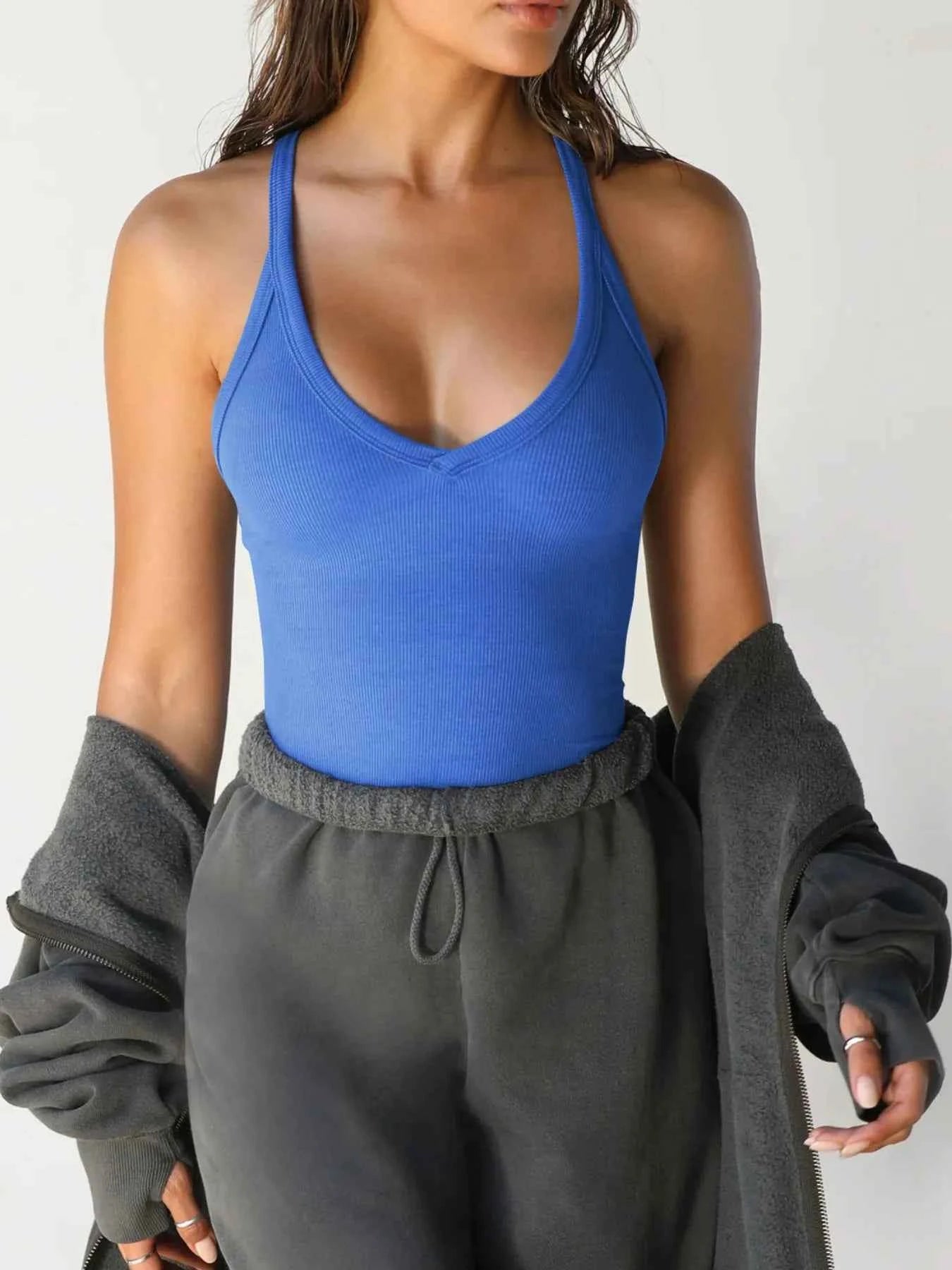 Ribbed V-Neck Halter Tank Top Blue 130ab537-a3d9-414a-a6c0-583045bebf46-Max-Origin