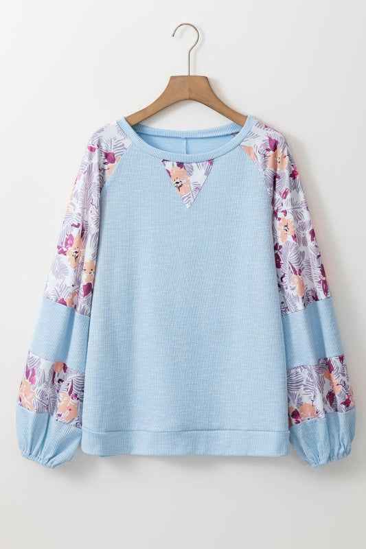 Floral Patchwork Balloon Sleeve Textured Blouse Beau Blue 1313eb0a-41fe-4e93-978d-817f07f00b44