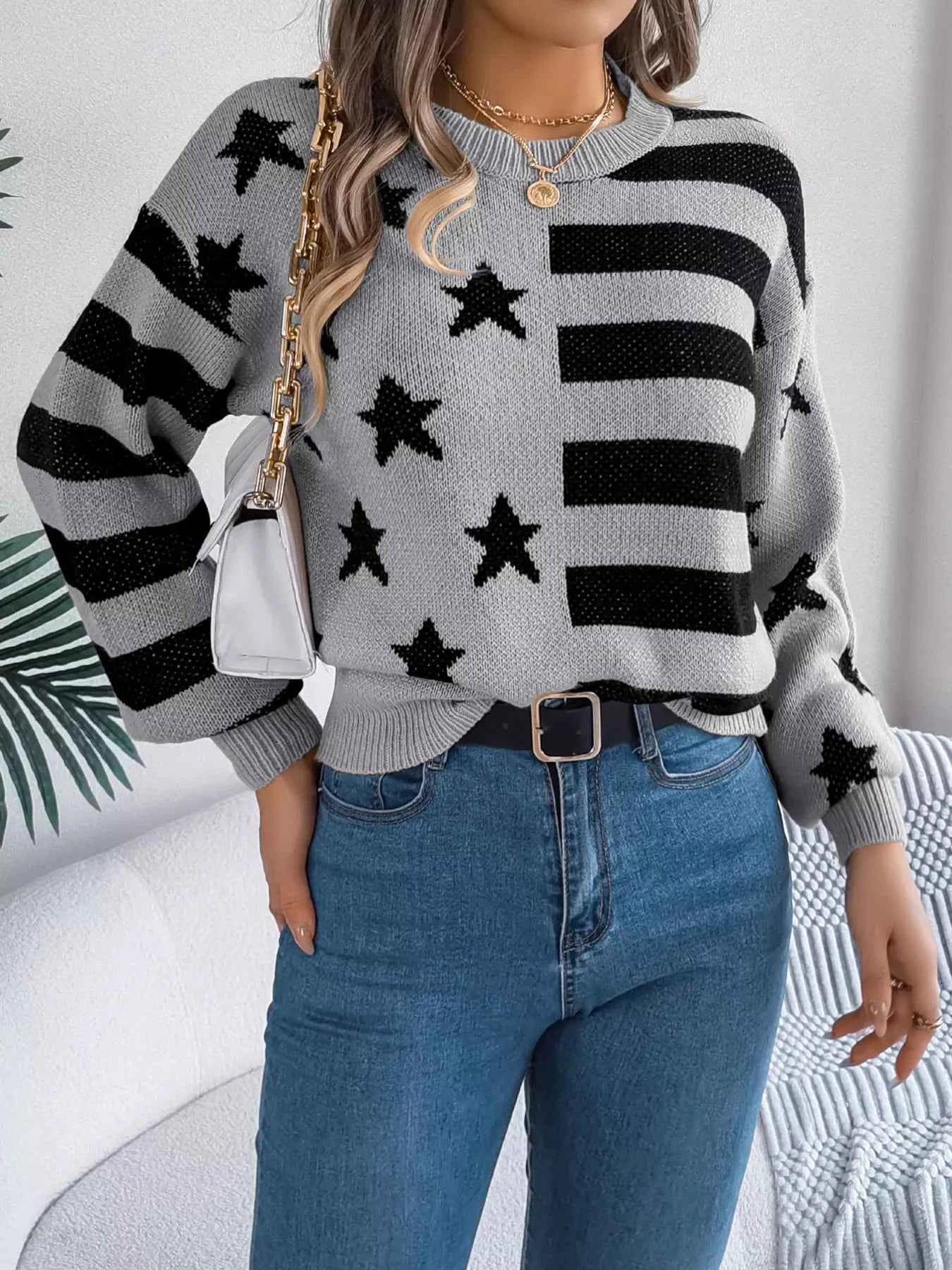 Stars and Stripes Pattern Casual Round Neck Sweater 13225d71828140359301d1ed6058022a-Max-Origin
