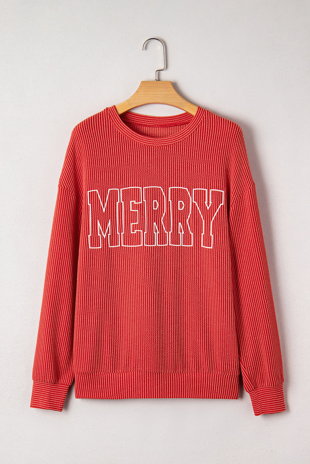 Evergreen Twisted Rib Merry Letter Graphic Loose Long Sleeve Top