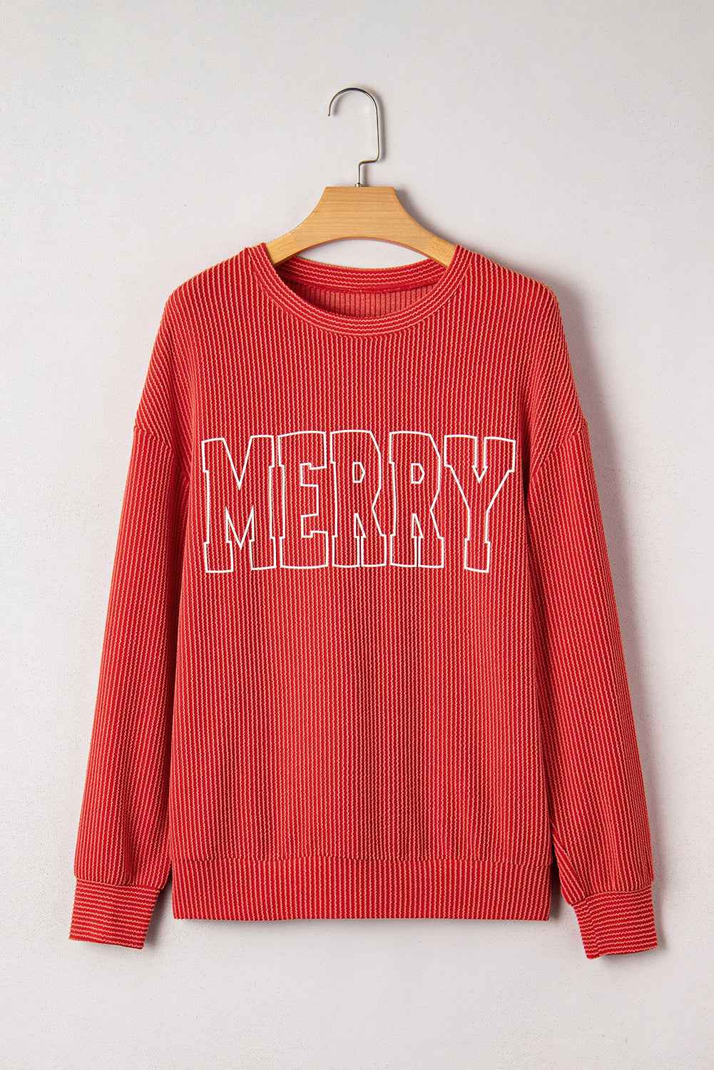 Evergreen Twisted Rib Merry Letter Graphic Loose Long Sleeve Top 1418d2e4288db489