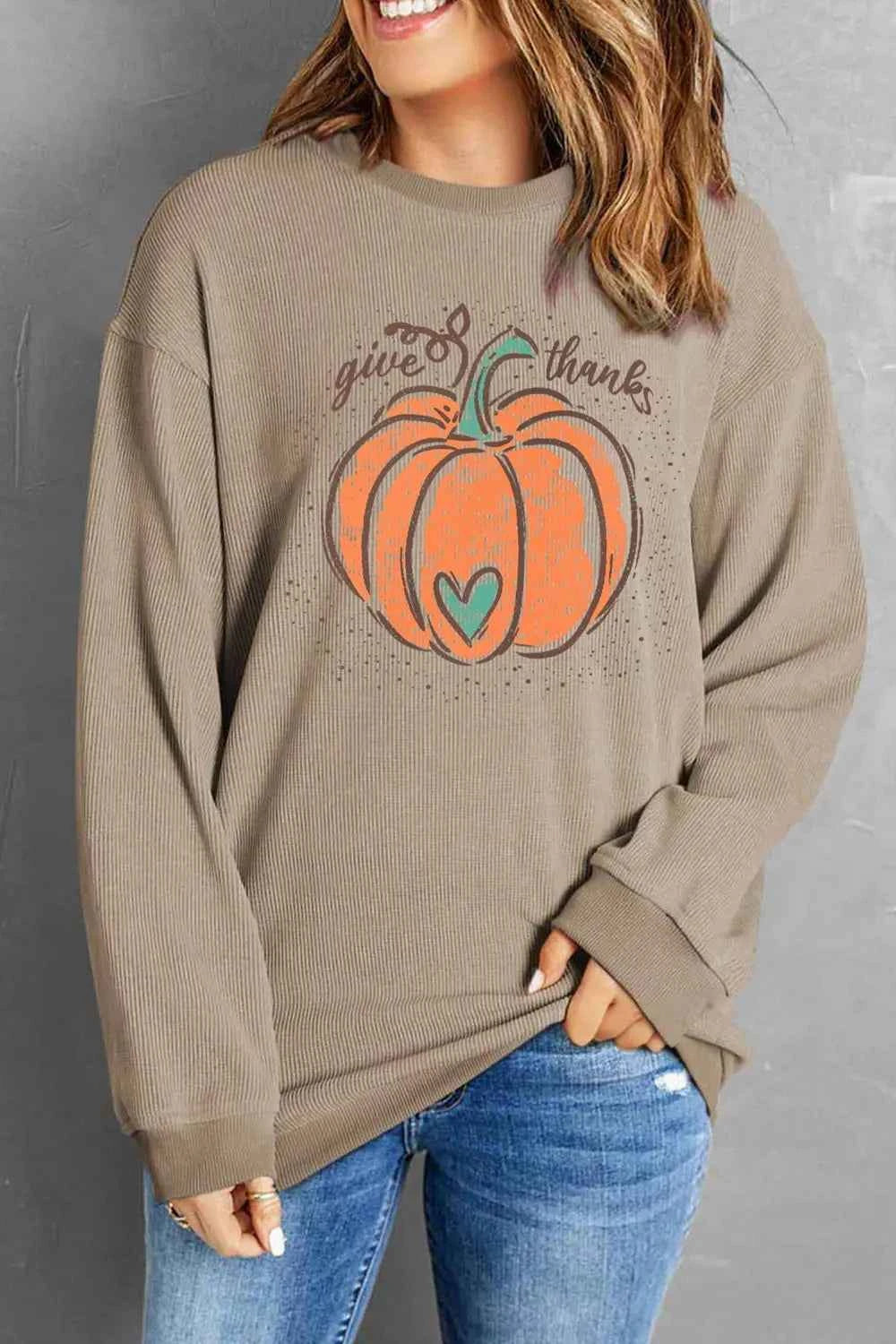Pumpkin Graphic Round Neck Long Sleeve Sweatshirt Tan 1420499cd50e49239bcc88c8135a451a-Max