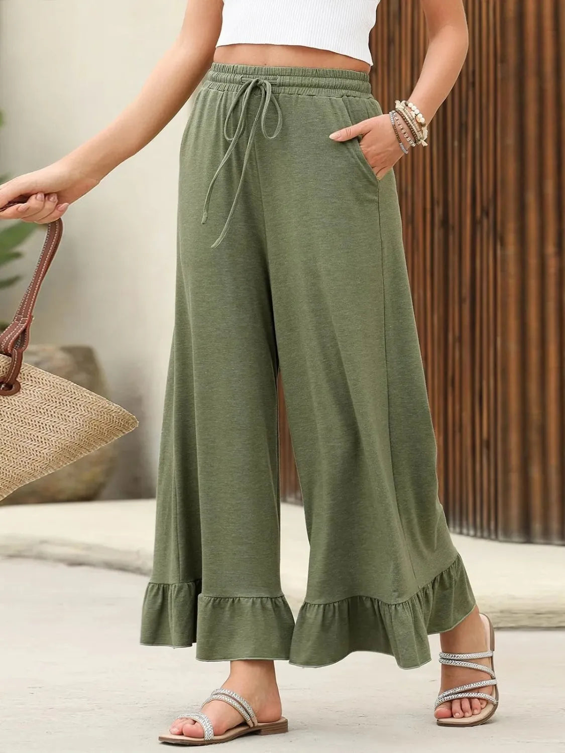 Ruffled Hem Wide Leg Pants Moss 142874df-06d1-4d28-9689-e2379100bfce-Max-Origin