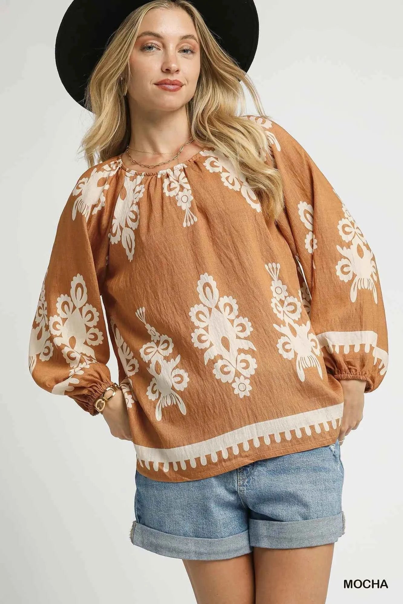 Umgee Full Size Two Tone Border Print Top with Balloon Sleeves Plus Size MOCHA 148a88cb-bd8a-4539-89f3-180a50ed1935-Max-Origin