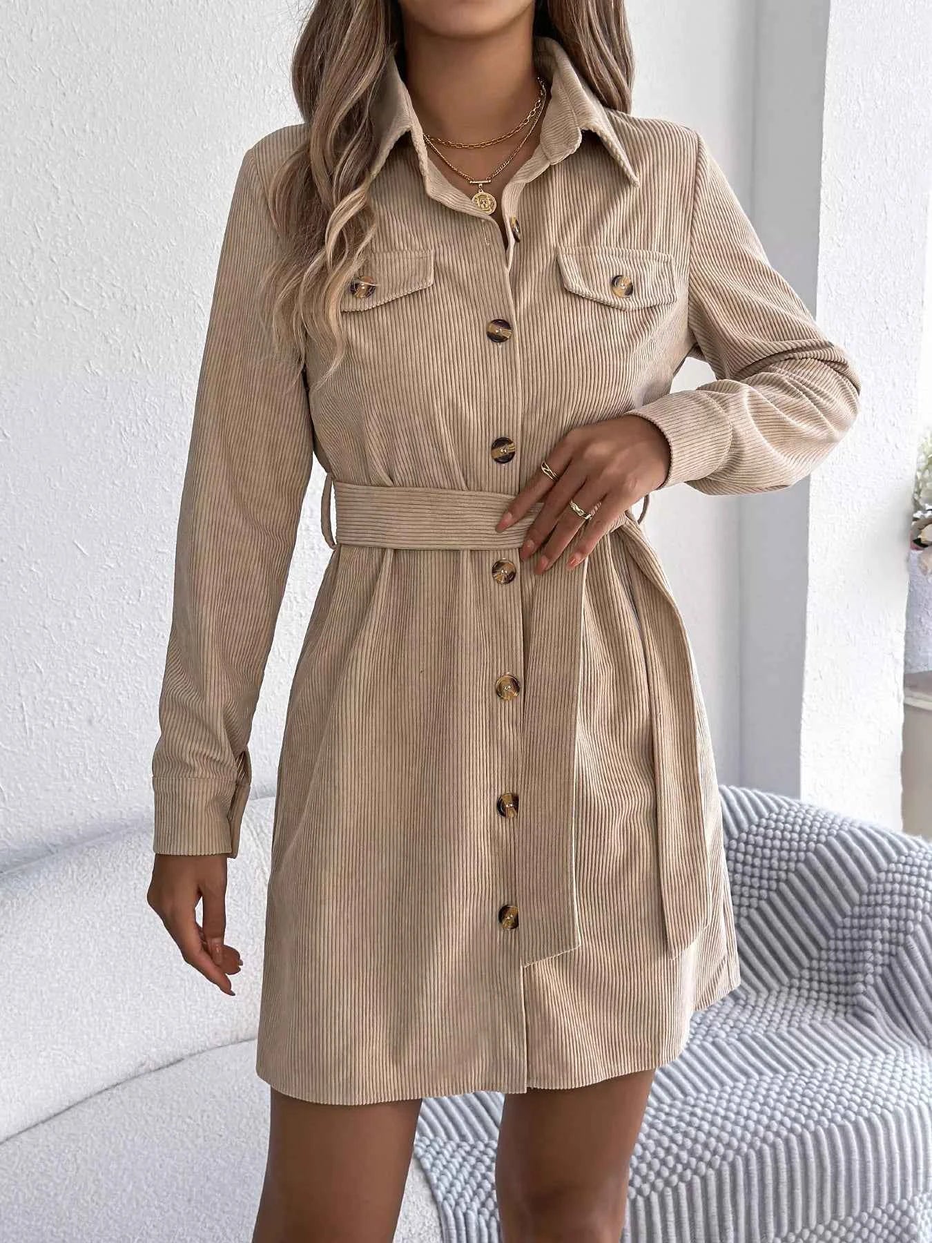 Button-Front Corduroy Shirt Dress Khaki 157491d936964575ad0d5c05f1d6d083-Max-Origin
