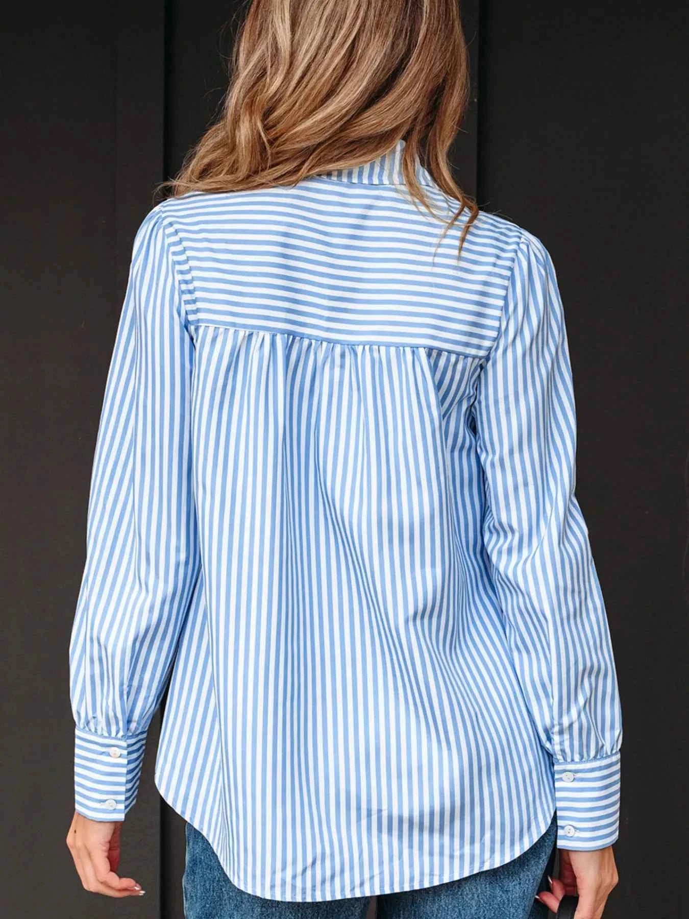 Stripe Shirred Detail Half Placket Collared Long Sleeve Shirt 158a9e57-7863-4c9a-a4e8-eefdaafb2025-Max-Origin
