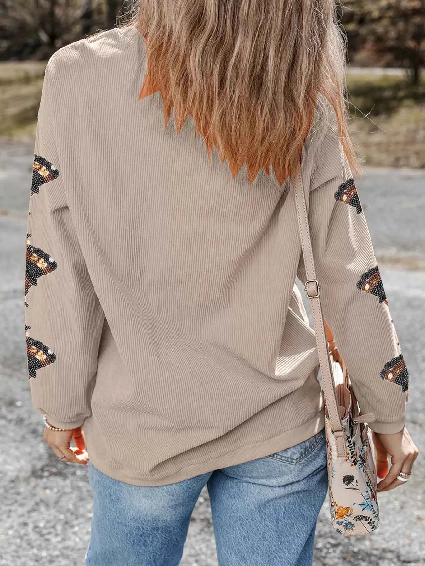 Gobble Corded Ribbed Thanksgiving Turkey Sequin Patched Sleeve Sweatshirt 15b8a7d65694477b9cd2099605a7f9c3-Max-Origin