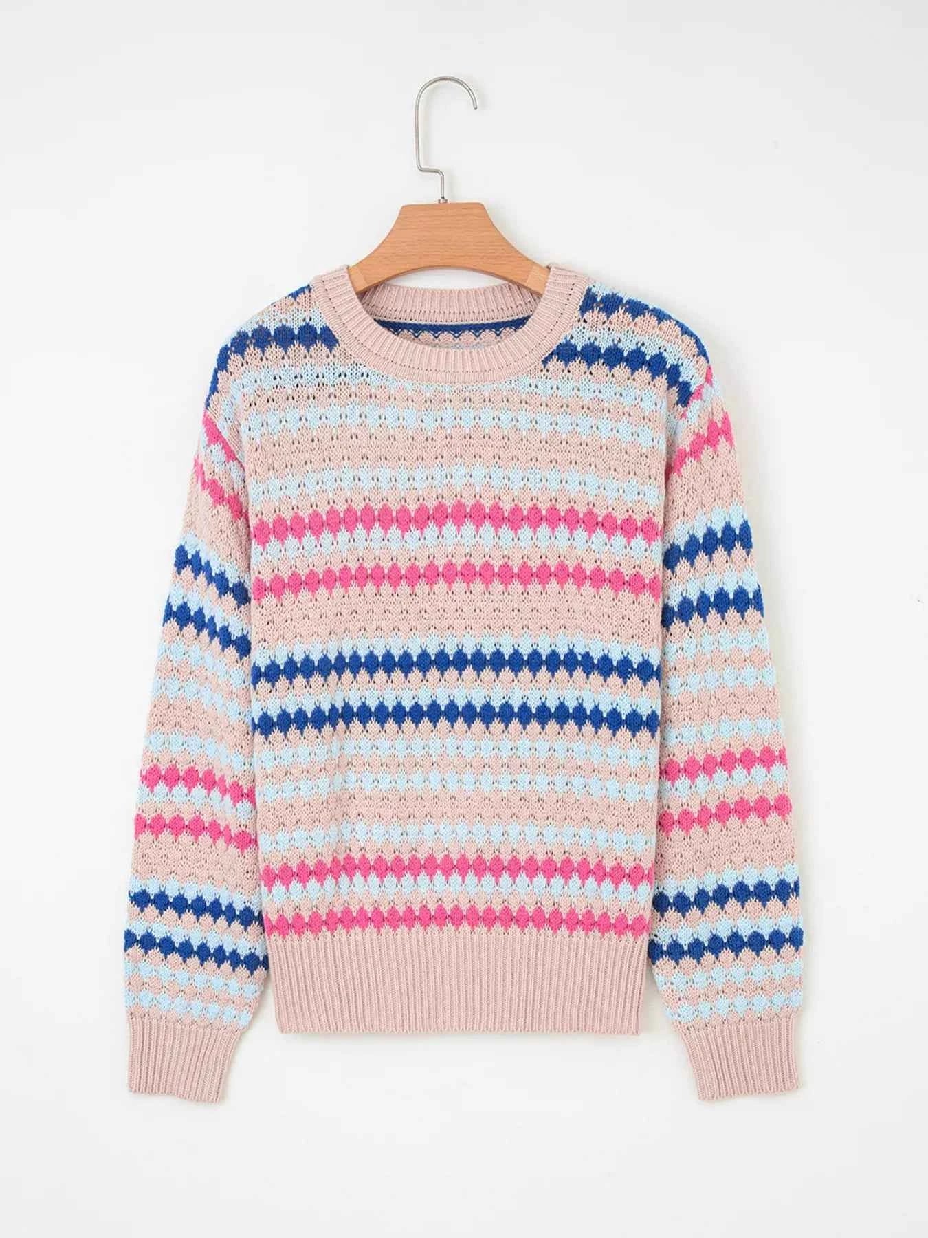 Stripe Eyelet Patterned Drop Shoulder Sweater 15f40972363140a28e3c2b0b499410b7-Max-Origin