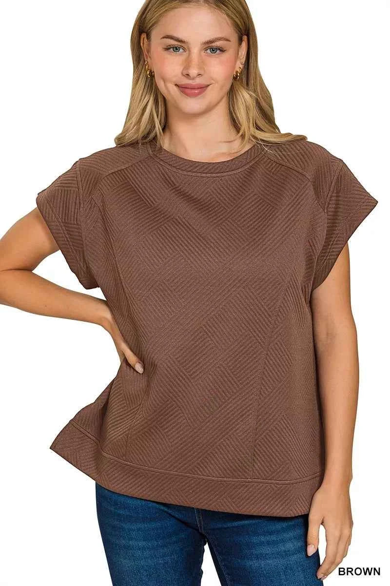 Zenana Textured Knit Jacquard Short Sleeve Top BROWN 162e4b121a20412aa299291f2b51e217-Max-Origin