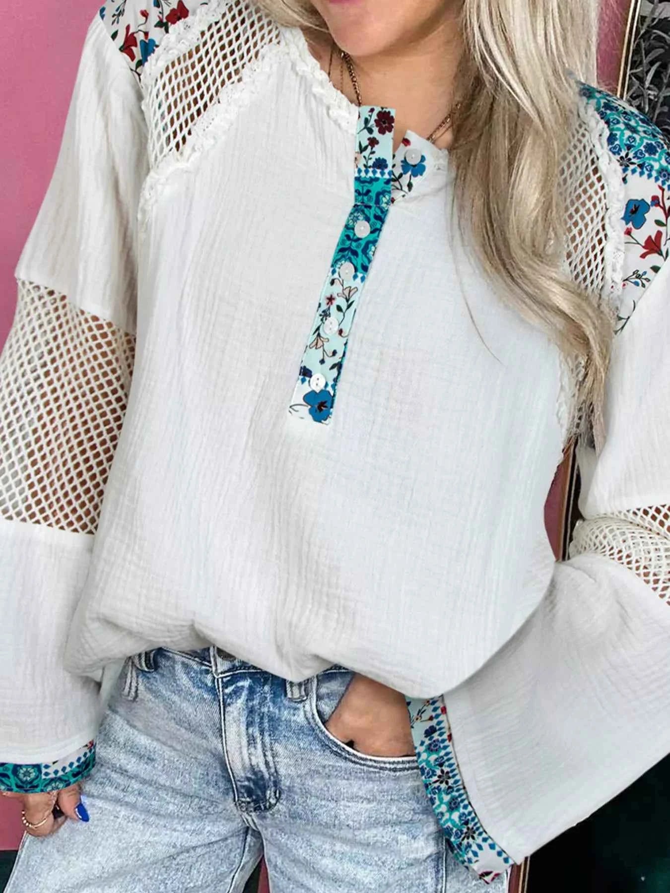 Mesh Patched Color Block Half Button Blouse White 16375a9abf2b4ef8a3bb2fb6f11cee92-Max-Origin