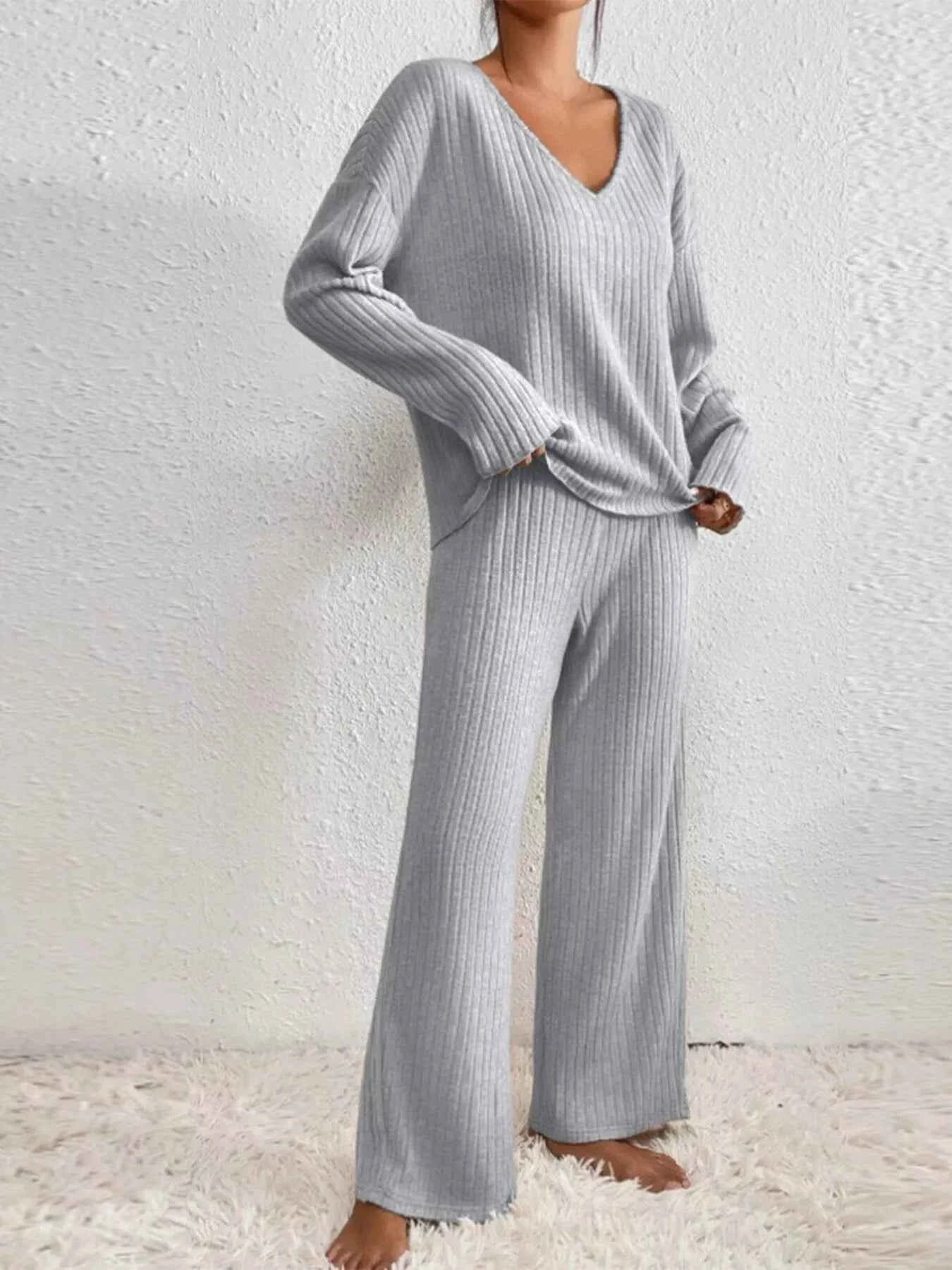 Ribbed V-Neck Top and Pants Set 1649b0cc0b264ed7a73e56ab122f6979-Max-Origin