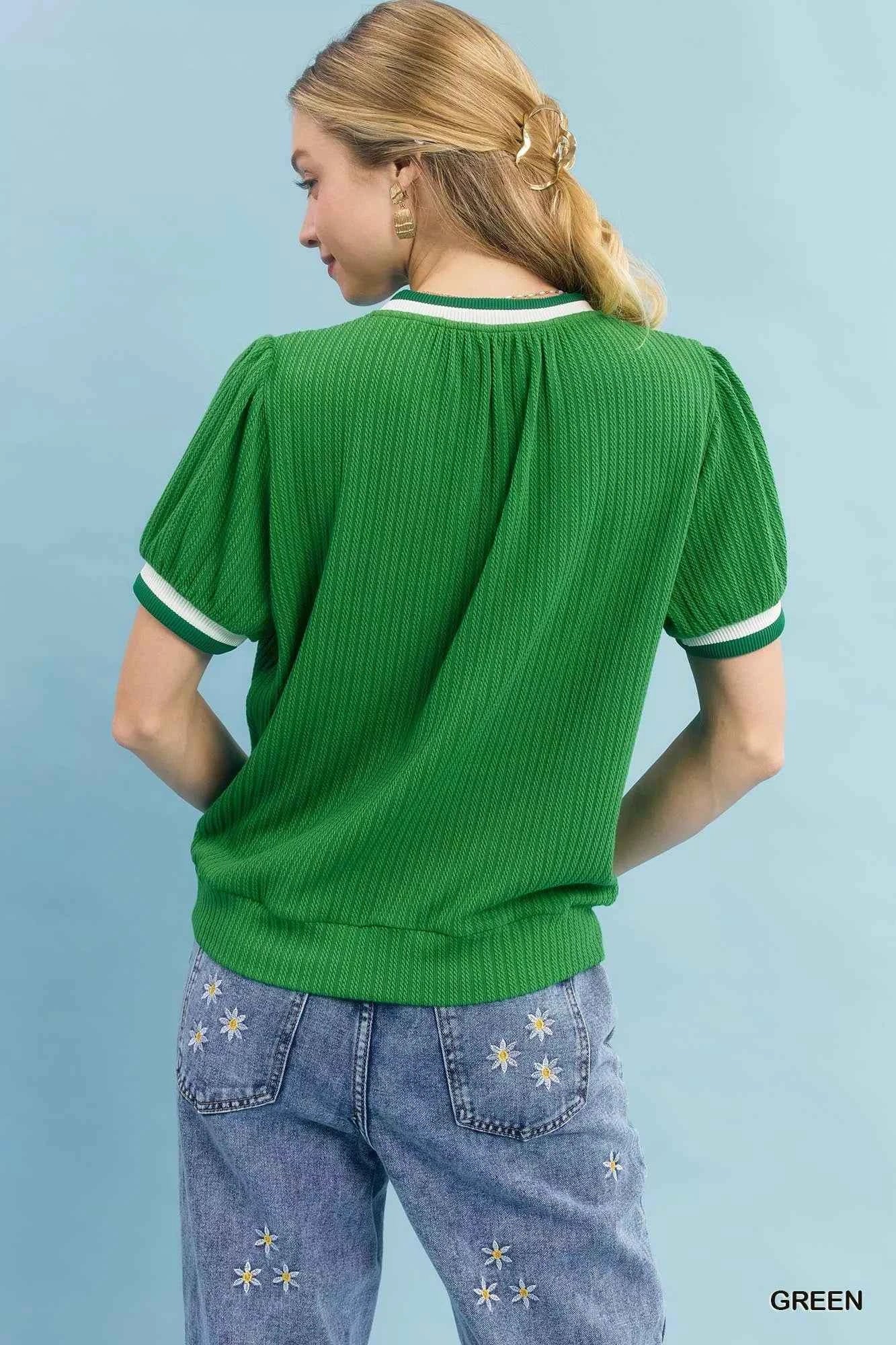 Umgee Puff Sleeve Knit Top with Contrast Rib Trim