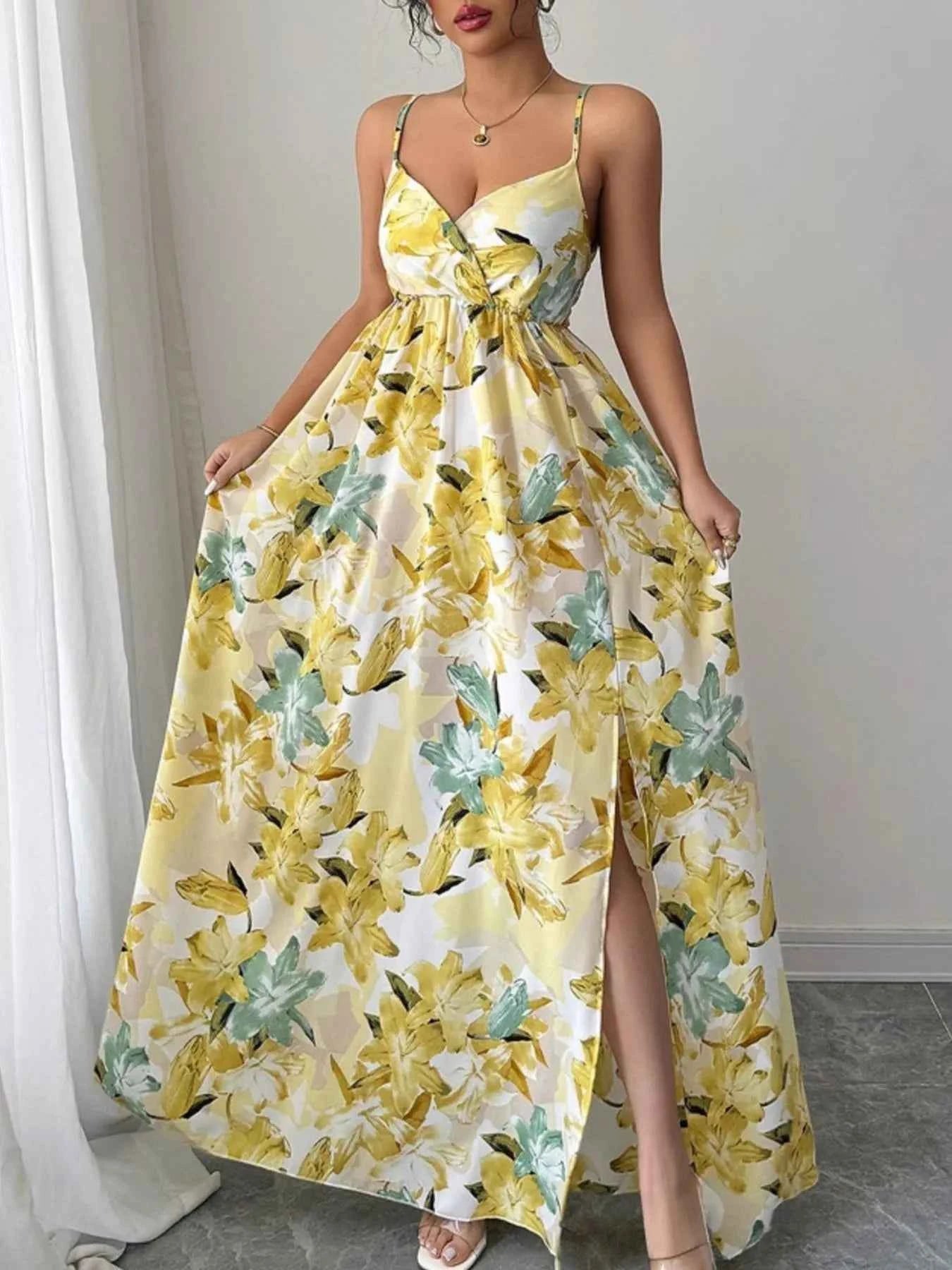 Floral Print Maxi Cami Dress with Side Slit Pastel Yellow 172425da-eab6-4b62-a50b-d7230592798a-Max-Origin